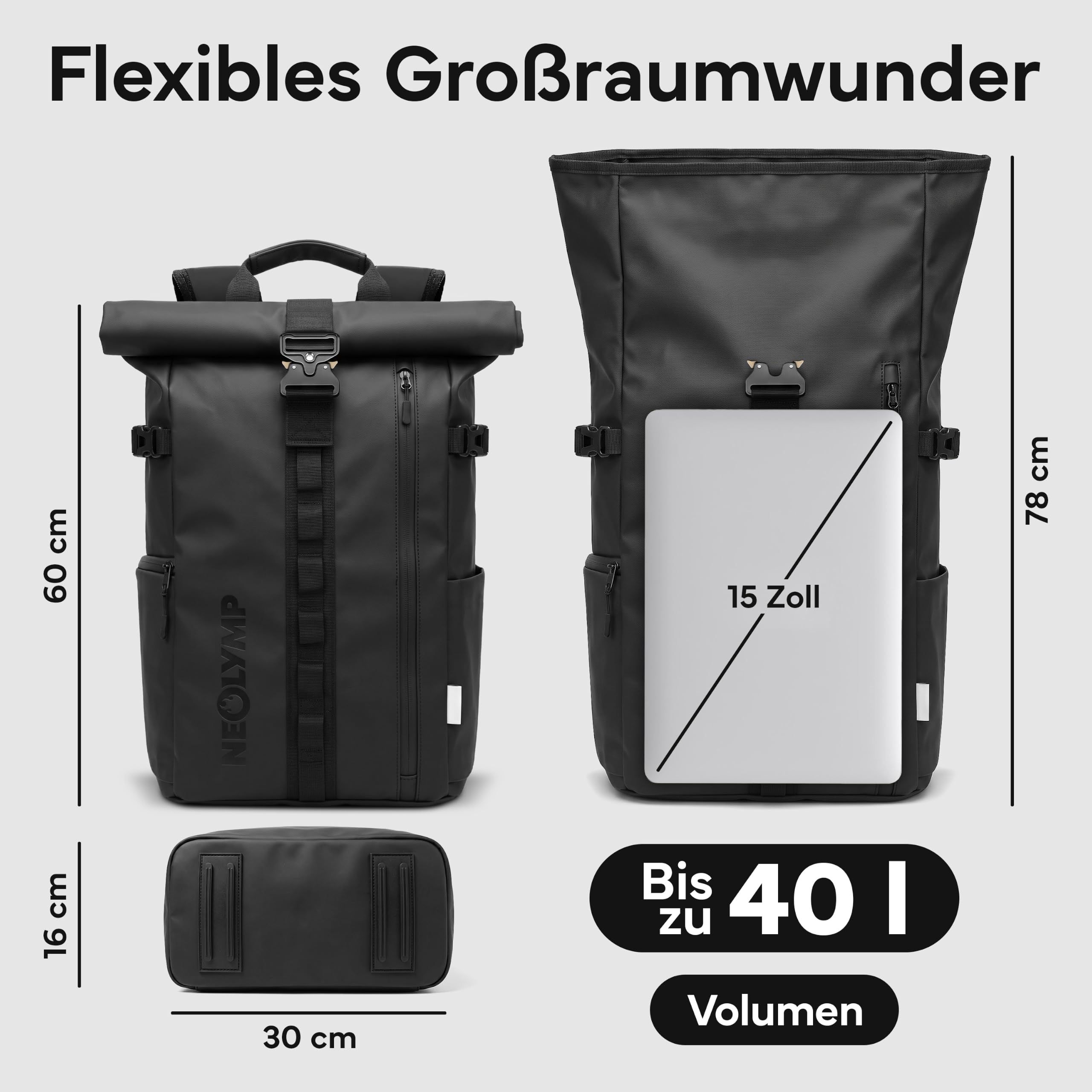 NEOLYMP Zaino da uomo e donna, impermeabile, con grande scomparto per laptop, Wet Case e accesso alla schiena, espandibile in modo flessibile, zaino da viaggio, zaino da trekking, zaino sportivo