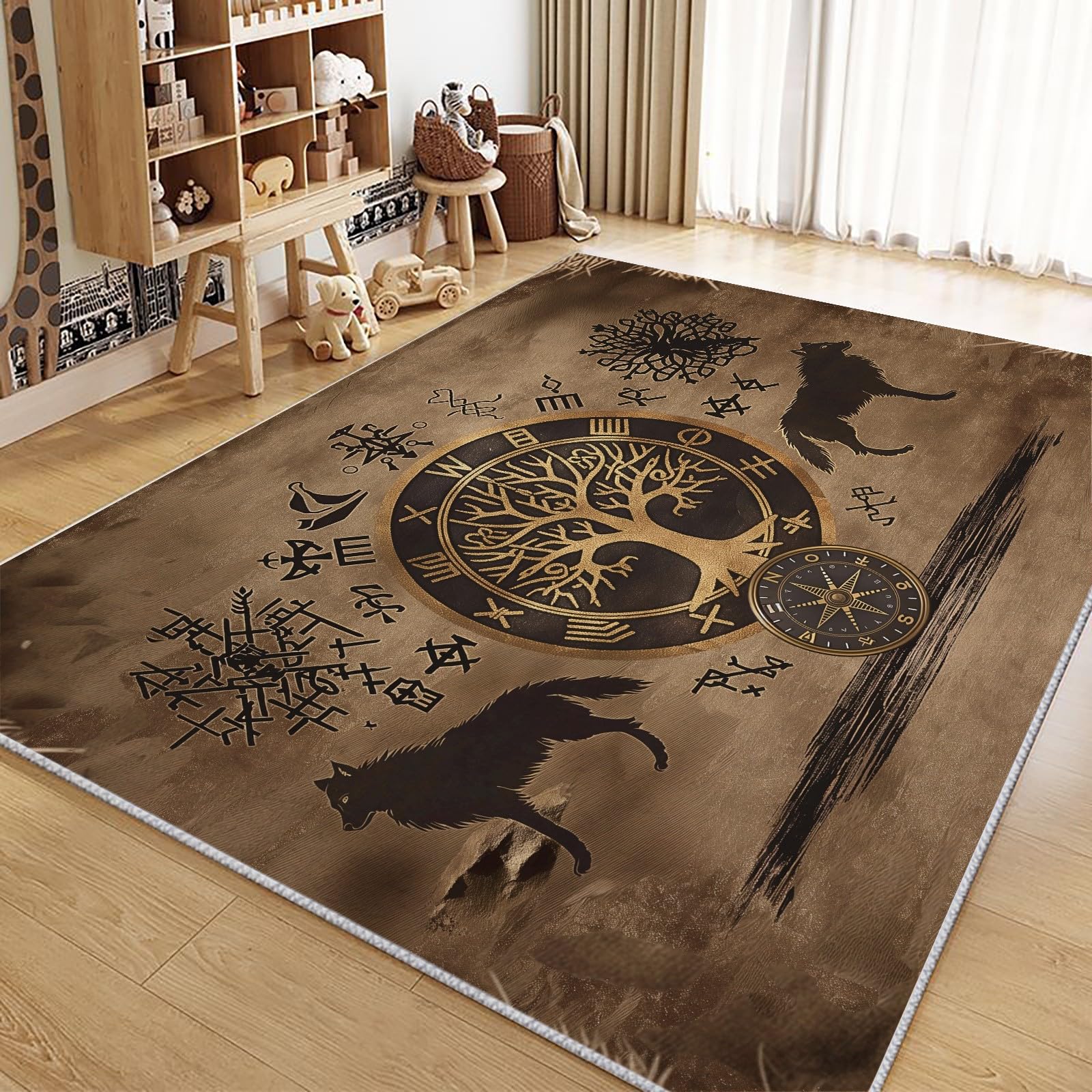 Teppich Wohnzimmer 120x170 cm Waschbarer Teppiche, Alter Wikinger Baum und Wolf Teppich Schlafzimmer - Vintage Kurzflor Teppiche für Wohnzimmer Schlafzimmer Kinderzimmer