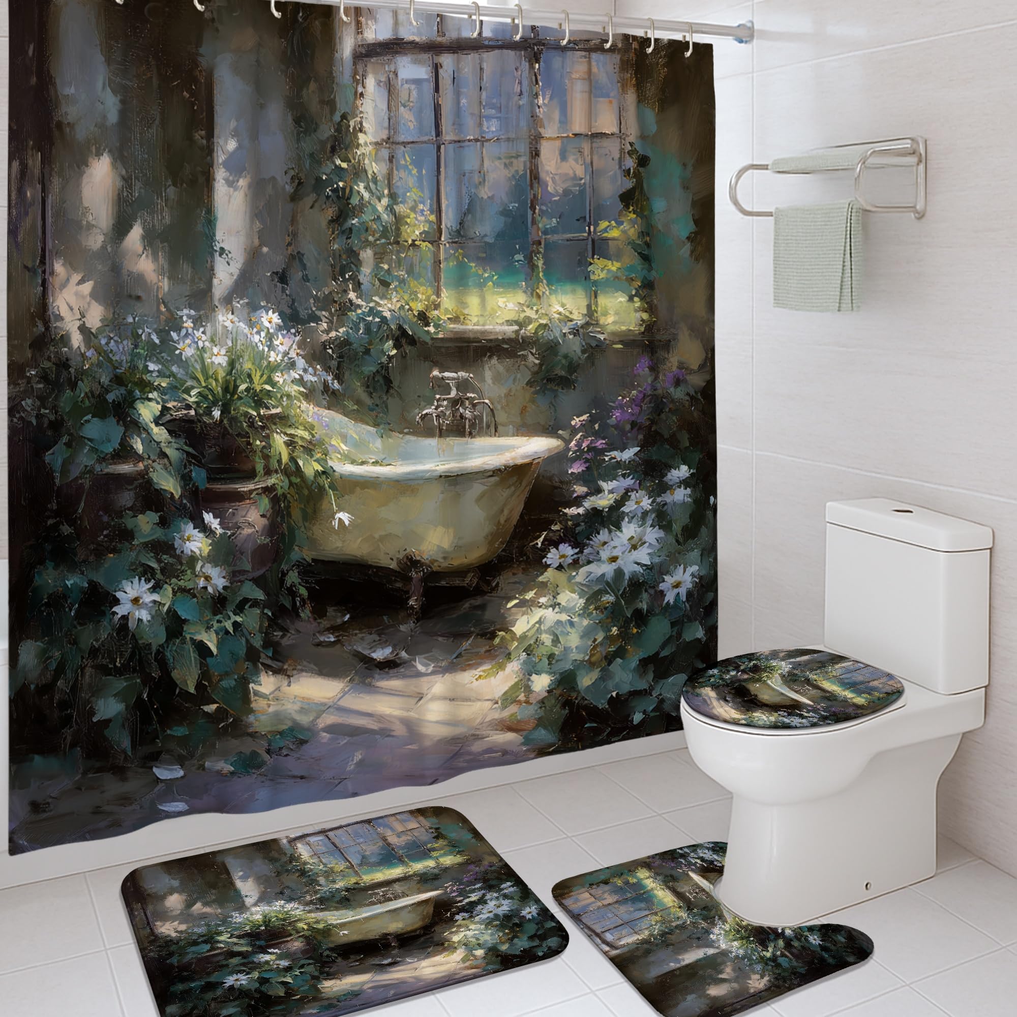 Ensemble rideaux de douche lavables 183x183 avec tapis vert et crochets de baignoire
