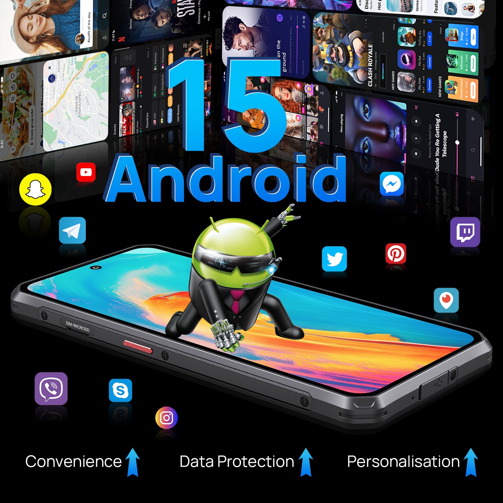 FOSSiBOT F114 Téléphone Portable Incassable Android 15, 16Go+128Go/2 to TF Smartphone, 50MP Caméra, 6,67'' HD Écran Musique Breathing Light Telephone de Chantier - Dual SIM/GPS/NFC/Face ID (Noir)