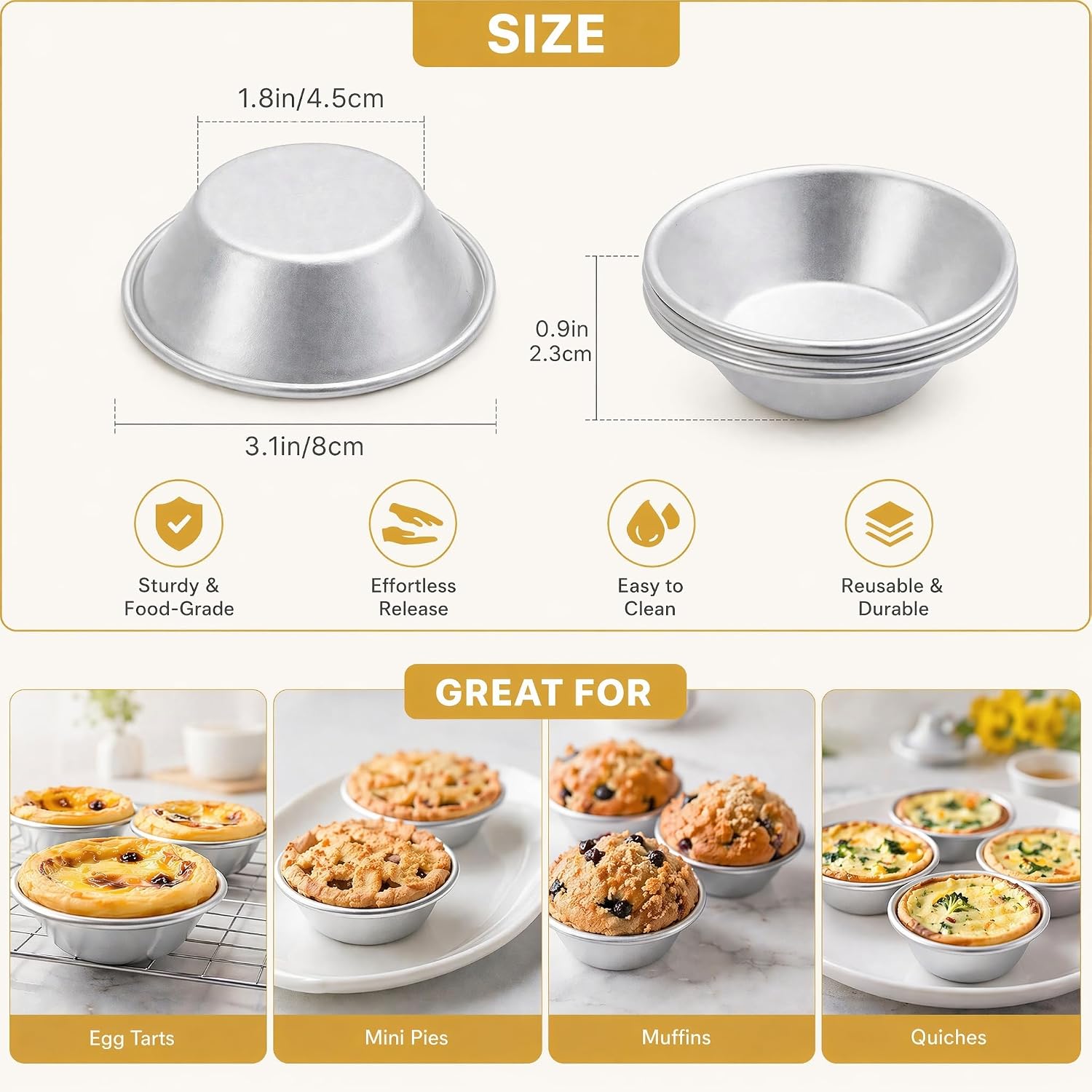 Nonstick Egg Tart Molds 6 Pack Carbon Steel Mini Pie Tins for Baking Reusable Tart Pans for Pastel de Nata Cupcake Pudding and Mini Quiche Oven Safe Baking Tools Silver