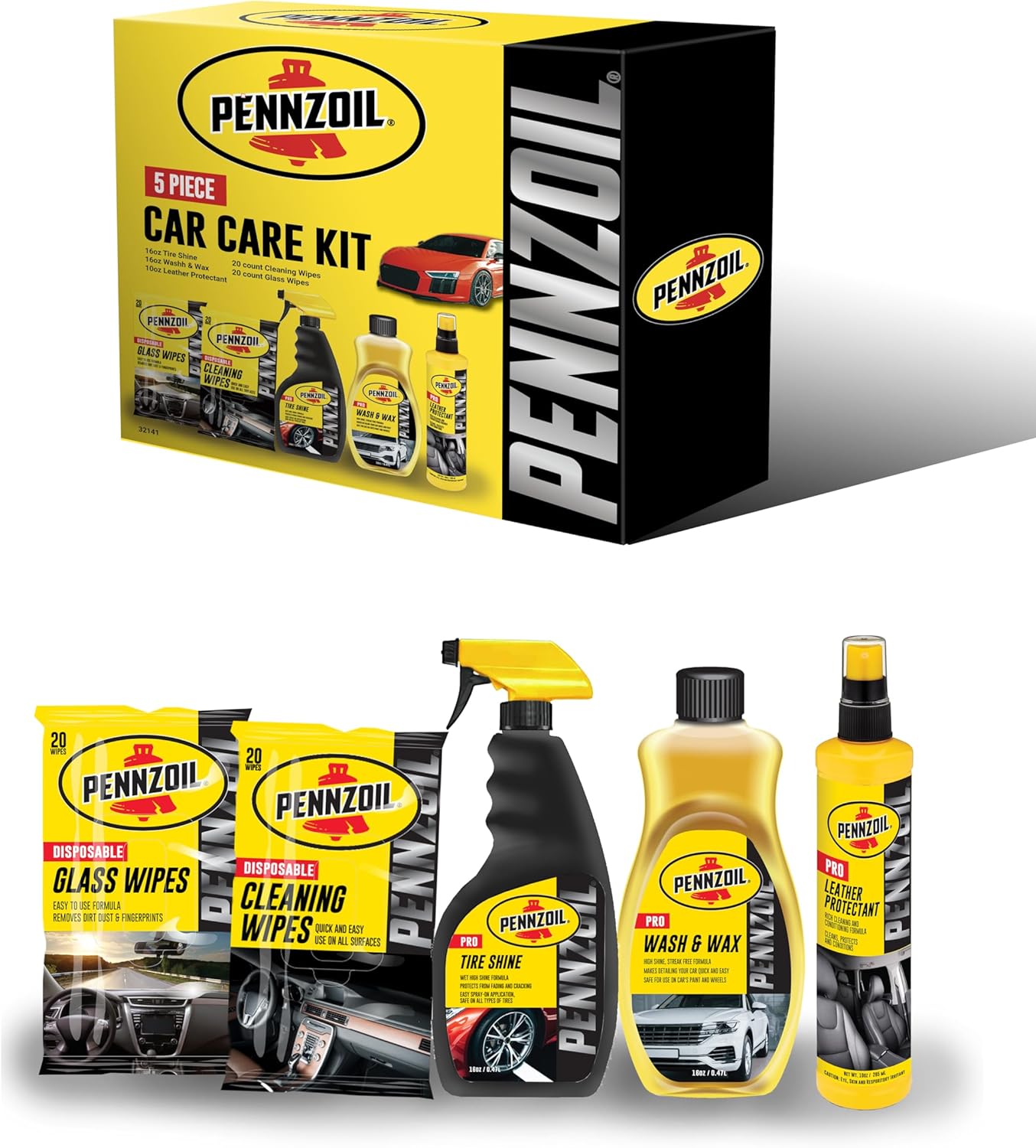 Pennzoil 5Piece Car Care Kit Tire Shine, Wash & Wax, Leather Care, Glass Cleaner