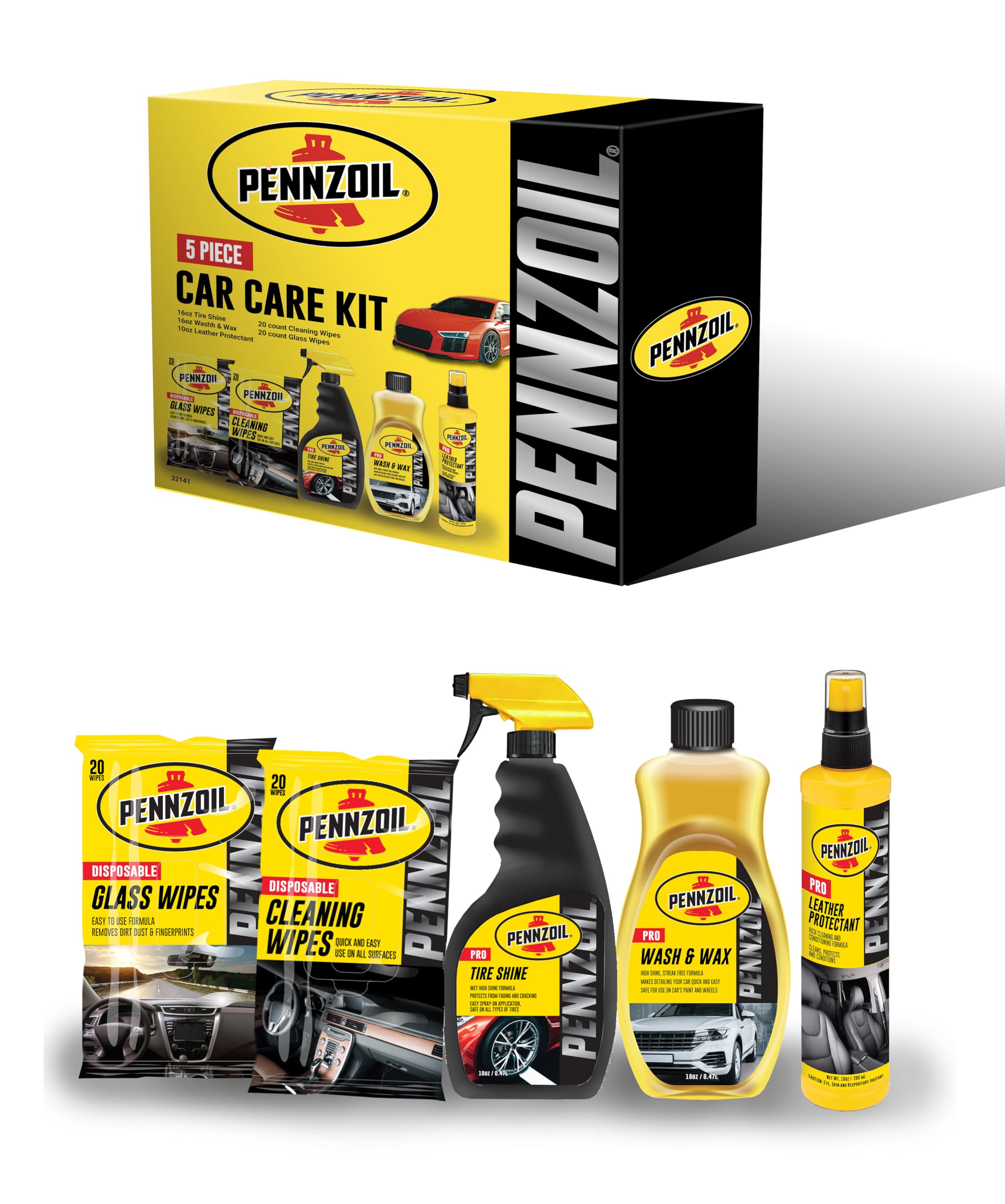 BLACK+DECKER Pennzoil 5-Piece Car Care Kit: Tire Shine, Wash & Wax, Leather Care, Glass Cleaner, & Cleaning Wipes - Complete Auto Care Set for a Showroom Finish!