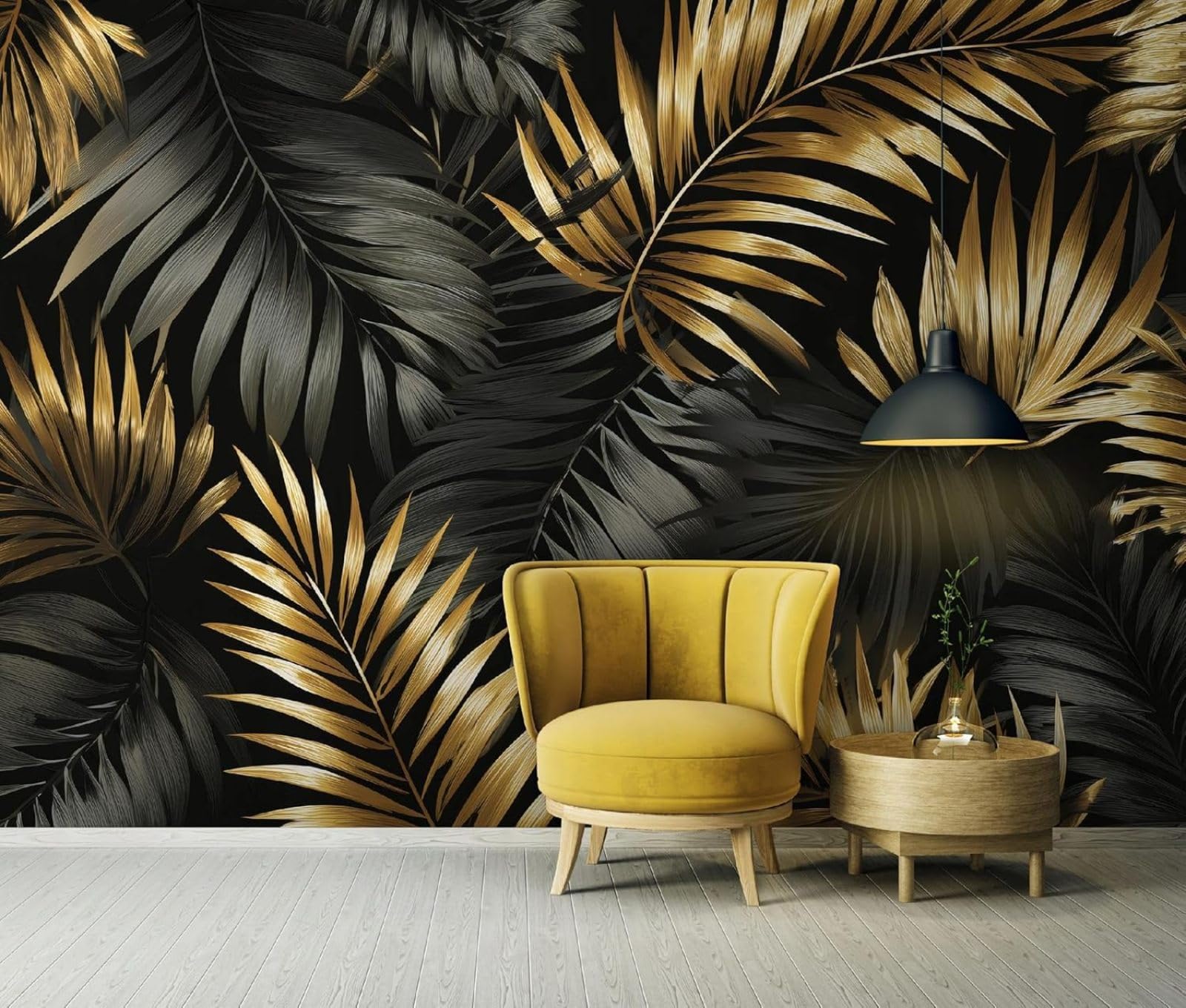 Kfjhgbdshhj 3D Mural Photo Mural-Wallpaper Leaves - For Living Room Bedroom - 3D Effect - Tropical Black Gold,300Cmx210cm Poster - Wall Sticker - Frameless Picture