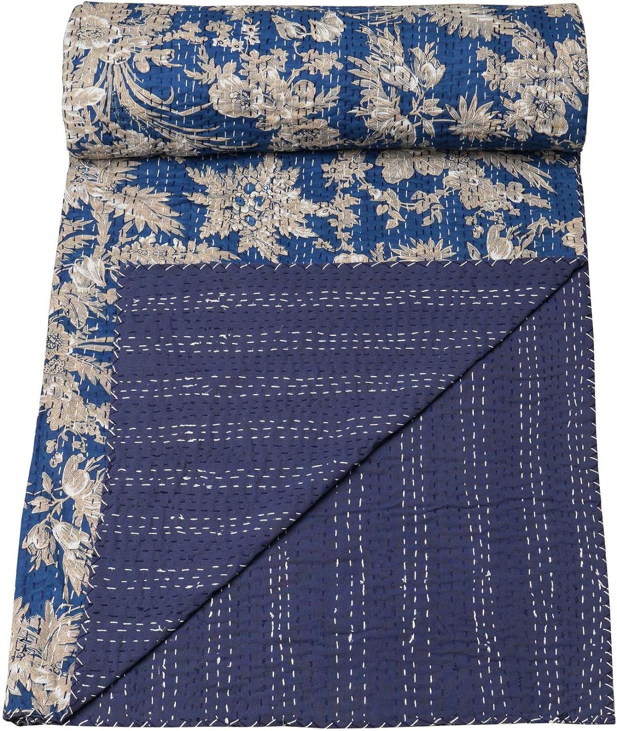 Premium Jaipuri Kantha Bedcover - Soft & Pure Cotton, Handcrafted & Handstitched Bedsheet/Gudri, King Size 90x108 inches (for Double Bed), Floral Pattern, (Blue)-image-3