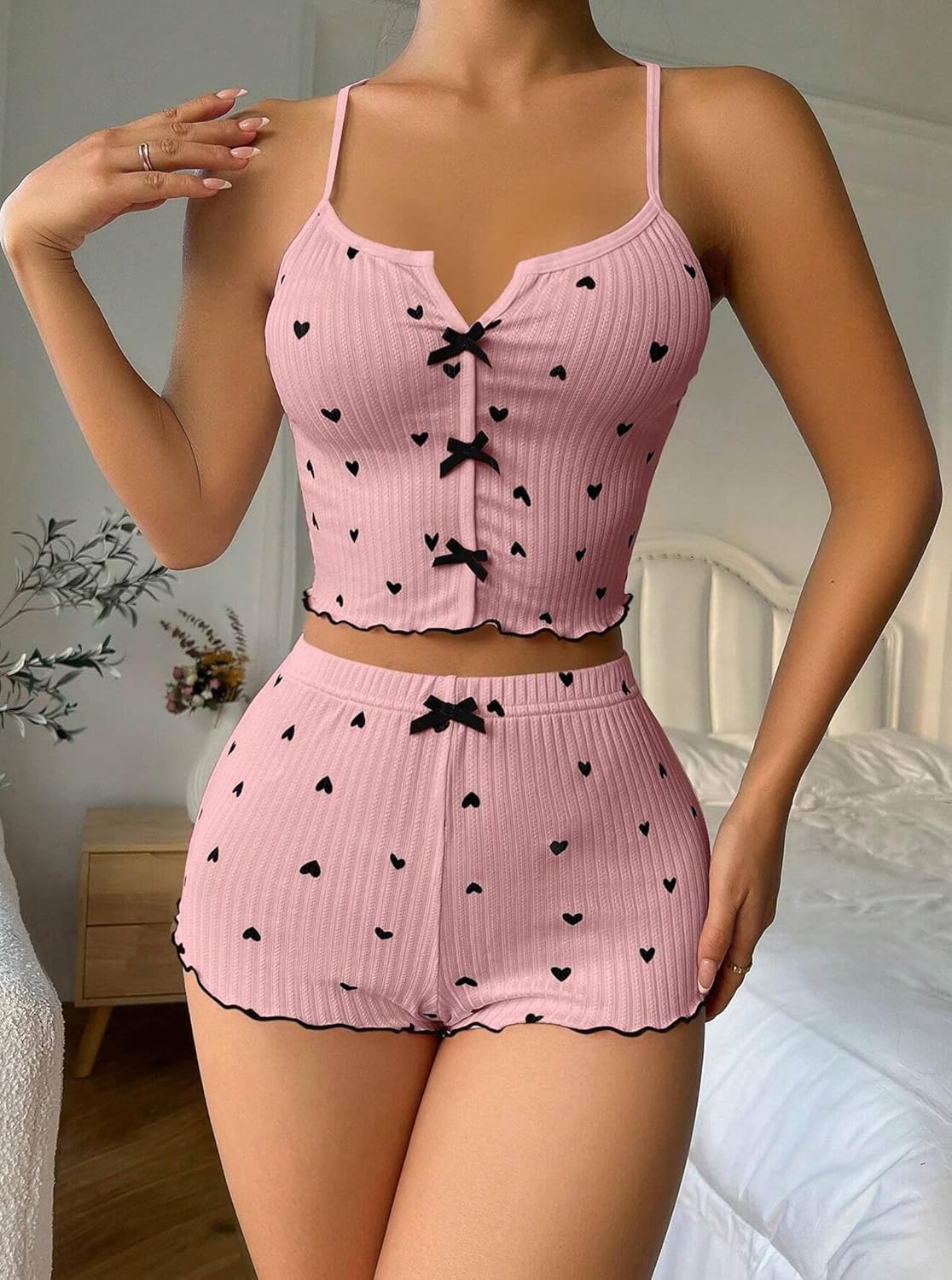 Hilinker Womens Graphic Pajama Set Summer Cute Crop Cami and Shorts Ribbed 2 Piece Lounge Sets - Image 4