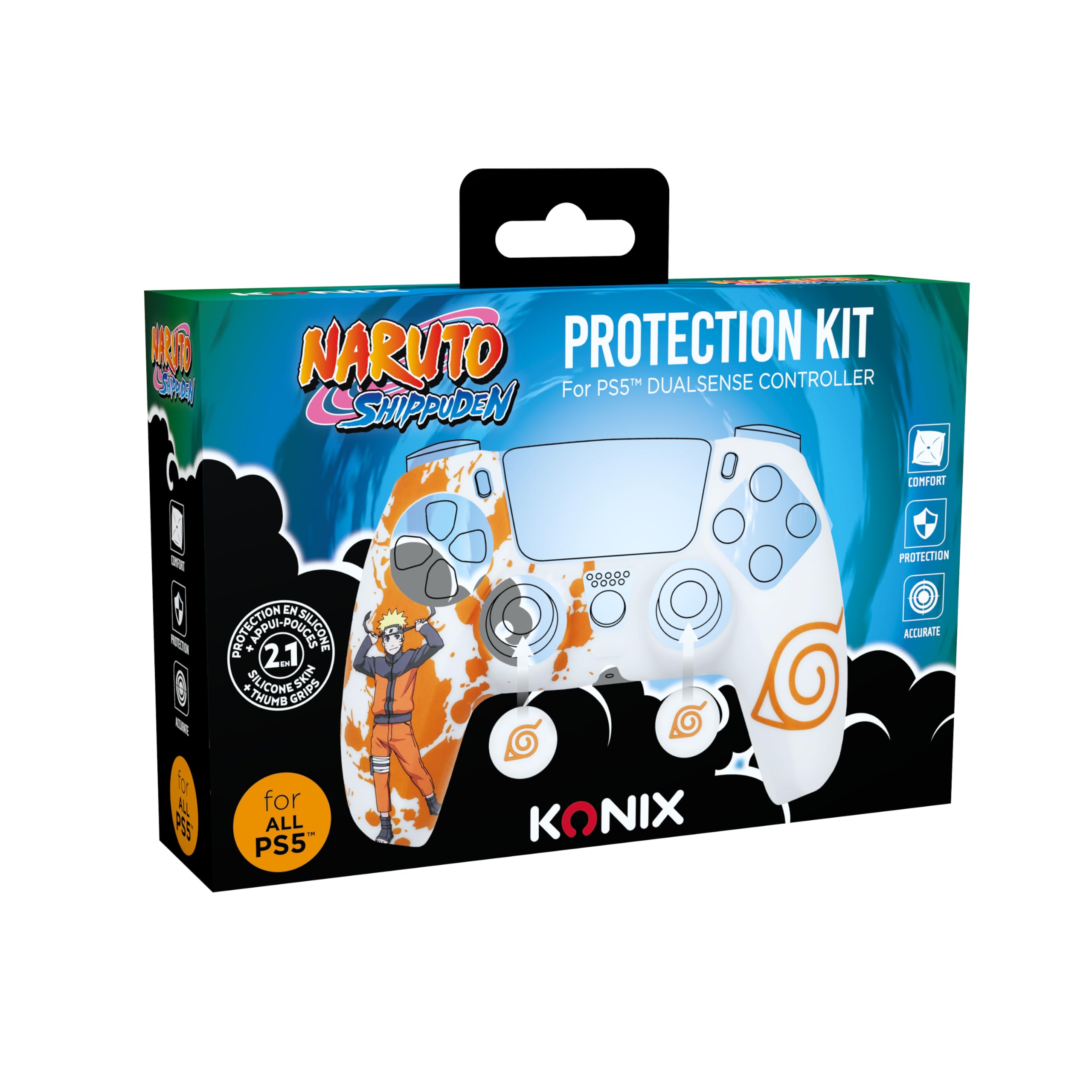 Konix Naruto Shippuden Caracasa Protectora para Mando DualSense de PS5 - Silicona - Apoyos para Pulgares - Diseño Konoha, Naruto - Blanco