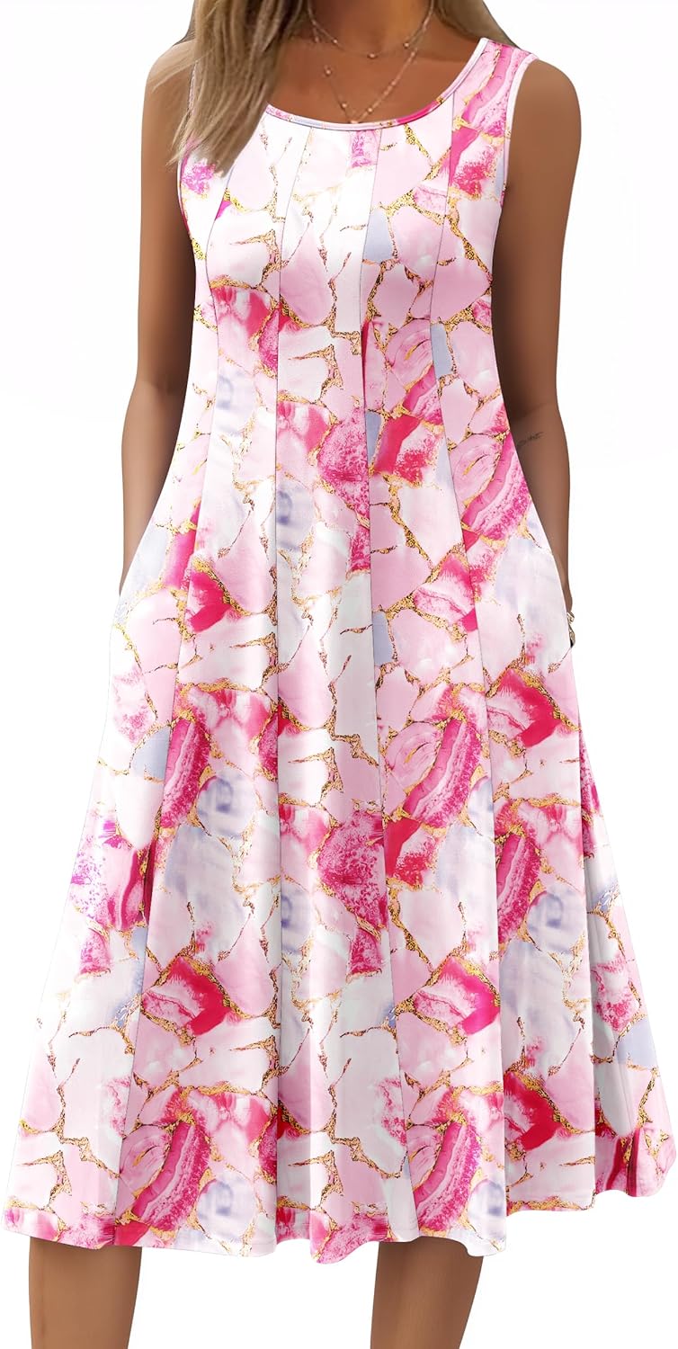 HOTOUCH Summer Casual Dresses for Women Sleeveless Midi Dress Swing Tank Sundress Pleated Tshirt Dress with Pockets