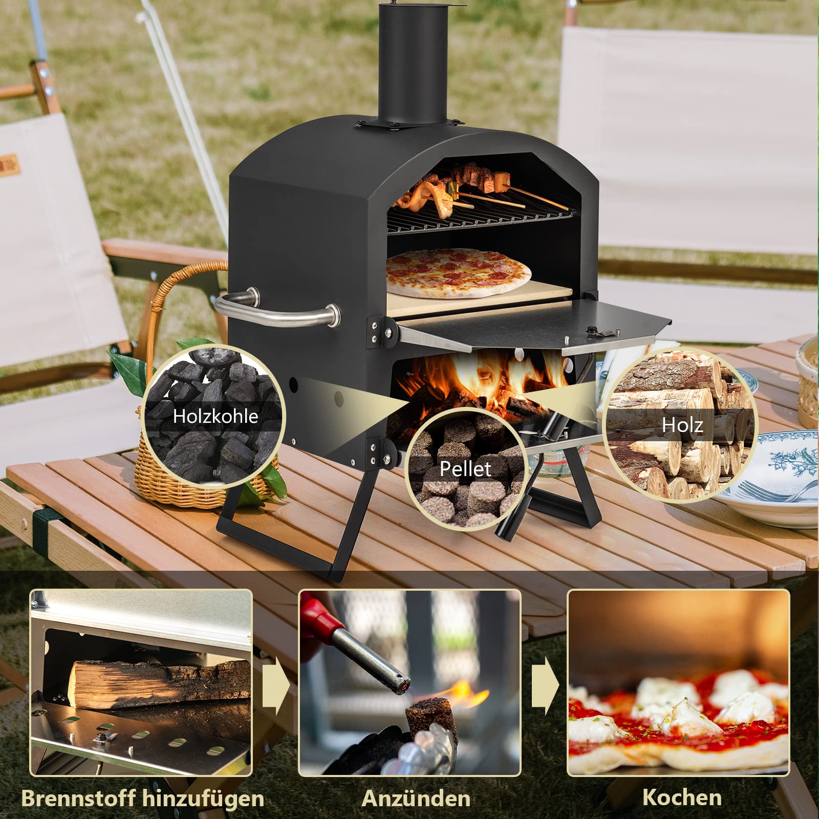 GYMAX Tragbarer Pizzaofen, Pizzabäcker mit klappbaren Beinen & Griffen, holzbefeuerter Pizzagrill mit 2-stöckigem Design & verstellbaren Belüftungsöffnungen, Holzbackofen mit Pizzastein