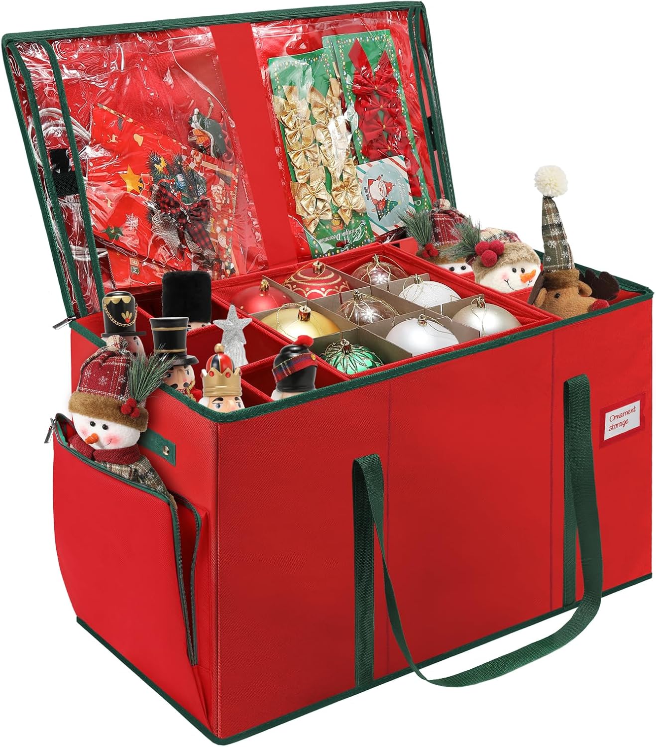 Large 2-in-1 Christmas Ornament Storage Box & Xmas Figurine Container,4 Separate Trays Keep 64-3"/ 36-4" Holiday Ornaments,Adjustable Extent Area for Figurines and Pockets for Decoration