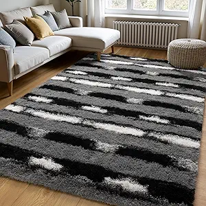 Zentavio Area Rugs for Living Room Large Rugs for Bedroom 5x8 Carpet Fluffy Fuzzy Soft Shag Aesthetic Plush High Pile Throw Rug for Nursery Kids Room Dorm Vertical Stripes Black White