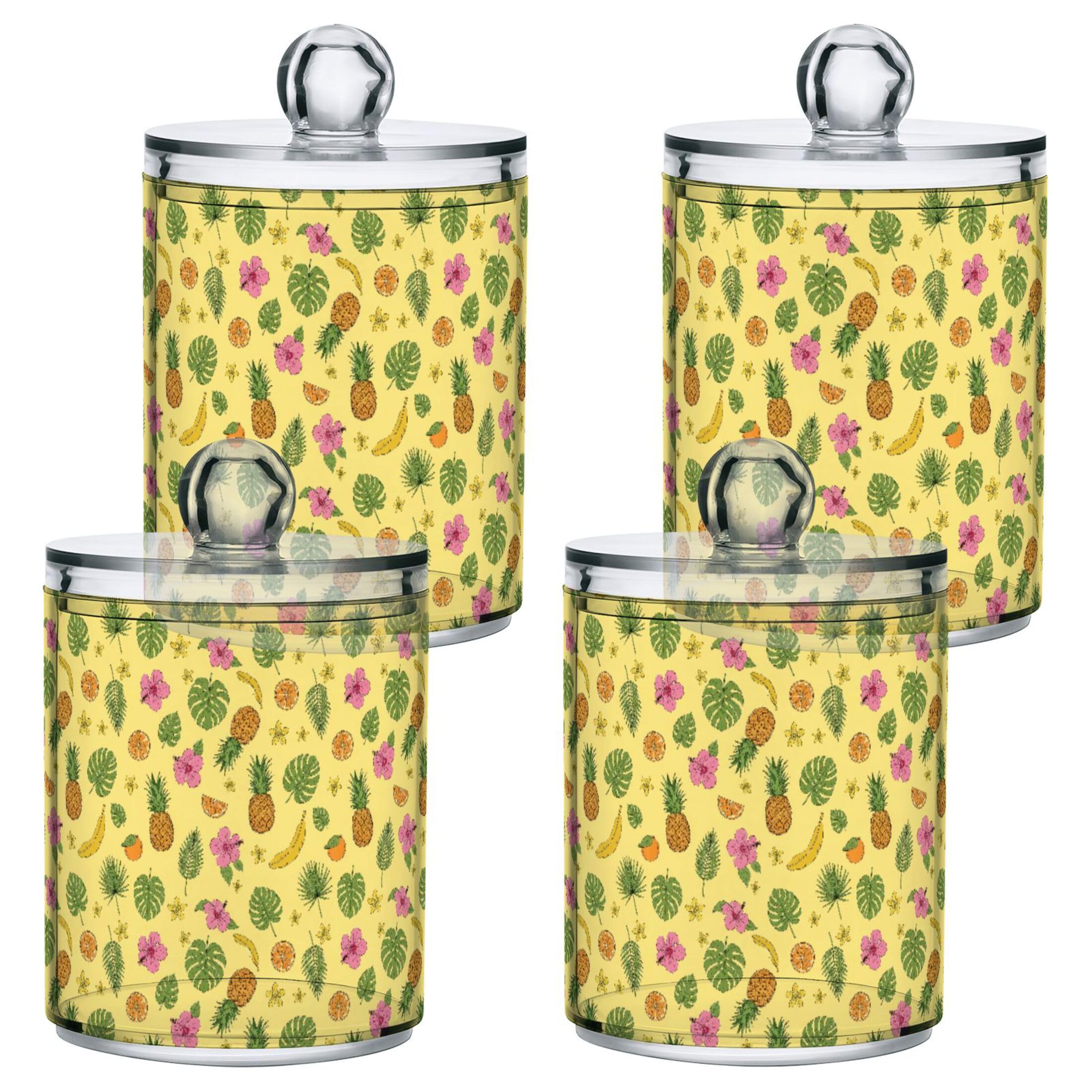 Fuauuyl Pineapples Qtip Holder Dispenser 4 Pack Plastic Apothecary Jar Storage Organization Bathroom Vanity Makeup Storage Organization for Cotton Ball Swab Pad