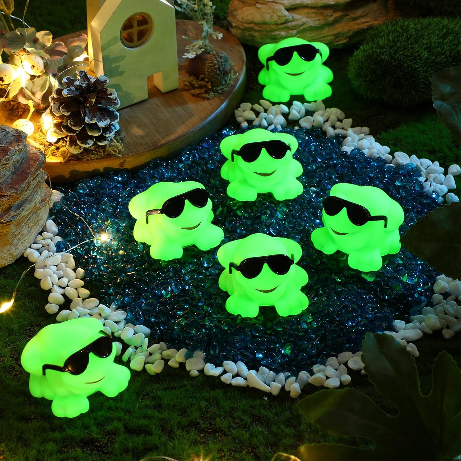 Halloscume 36 Pack Rubber Frogs Squeak and Floating Mini Glow in The Dark Frogs with Glasses Cute Swimming Bathtub Toy for Spring Party Favor
