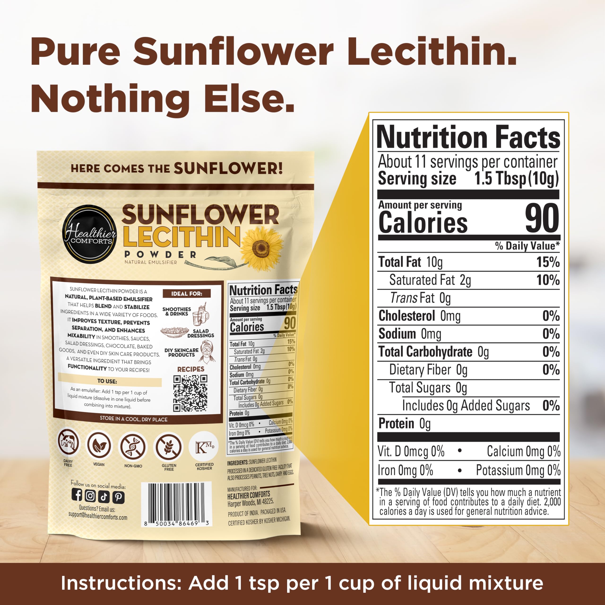 Healthier Comforts Sunflower Lecithin Powder (4 oz) | Non-GMO, Plant-Based Emulsifier for Smoothies, Baking, Chocolate, Salad Dressings & DIY Skincare | Natural Phospholipid Source — Amazon image 2