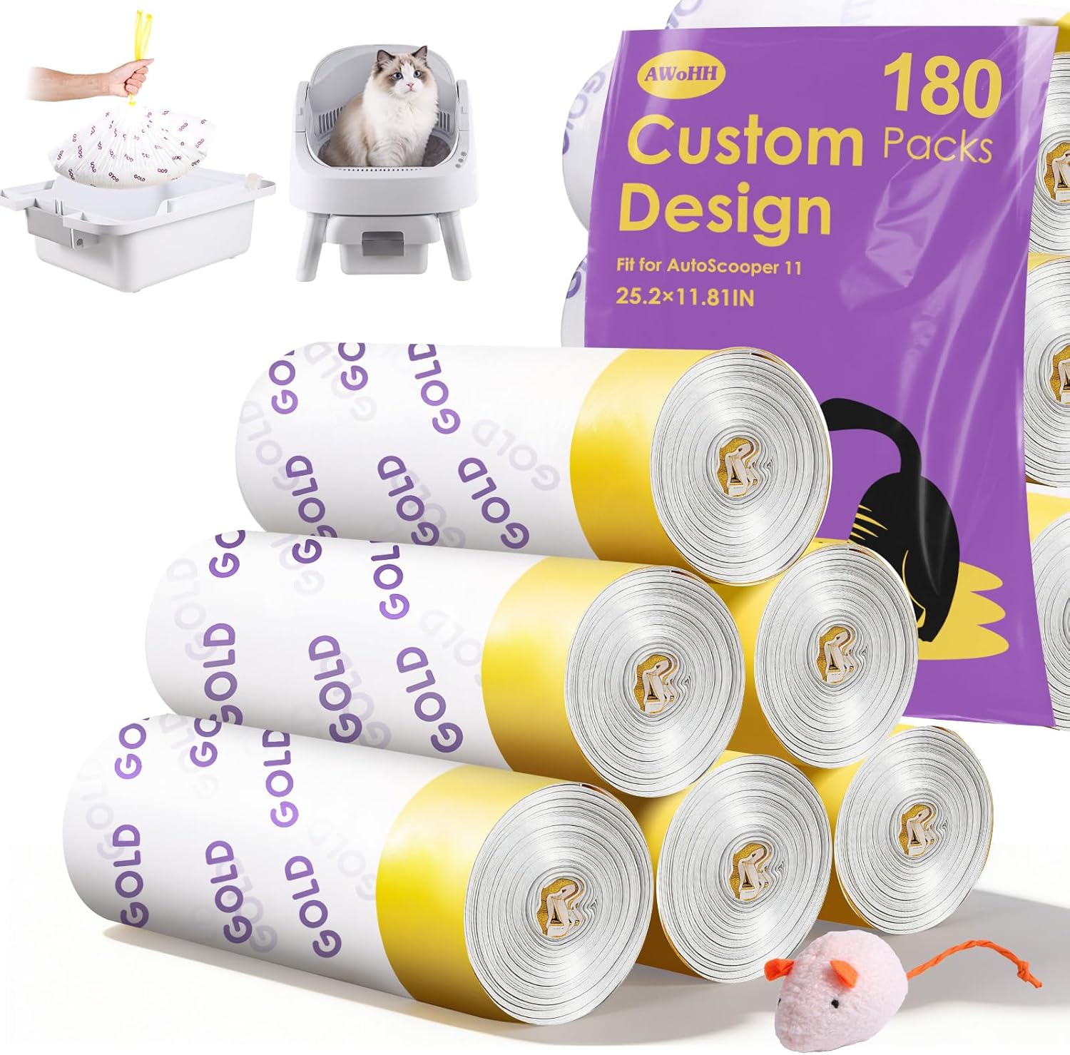 180 Count Automatic Cat Litter Box Bags for Pet Pivot AutoScooper 11/12 Open-Top Self-Cleaning Cat Litter Box, Heavy Duty Leak-Proof, Drawstring Design, Unscented, 25.19” x 11.8”