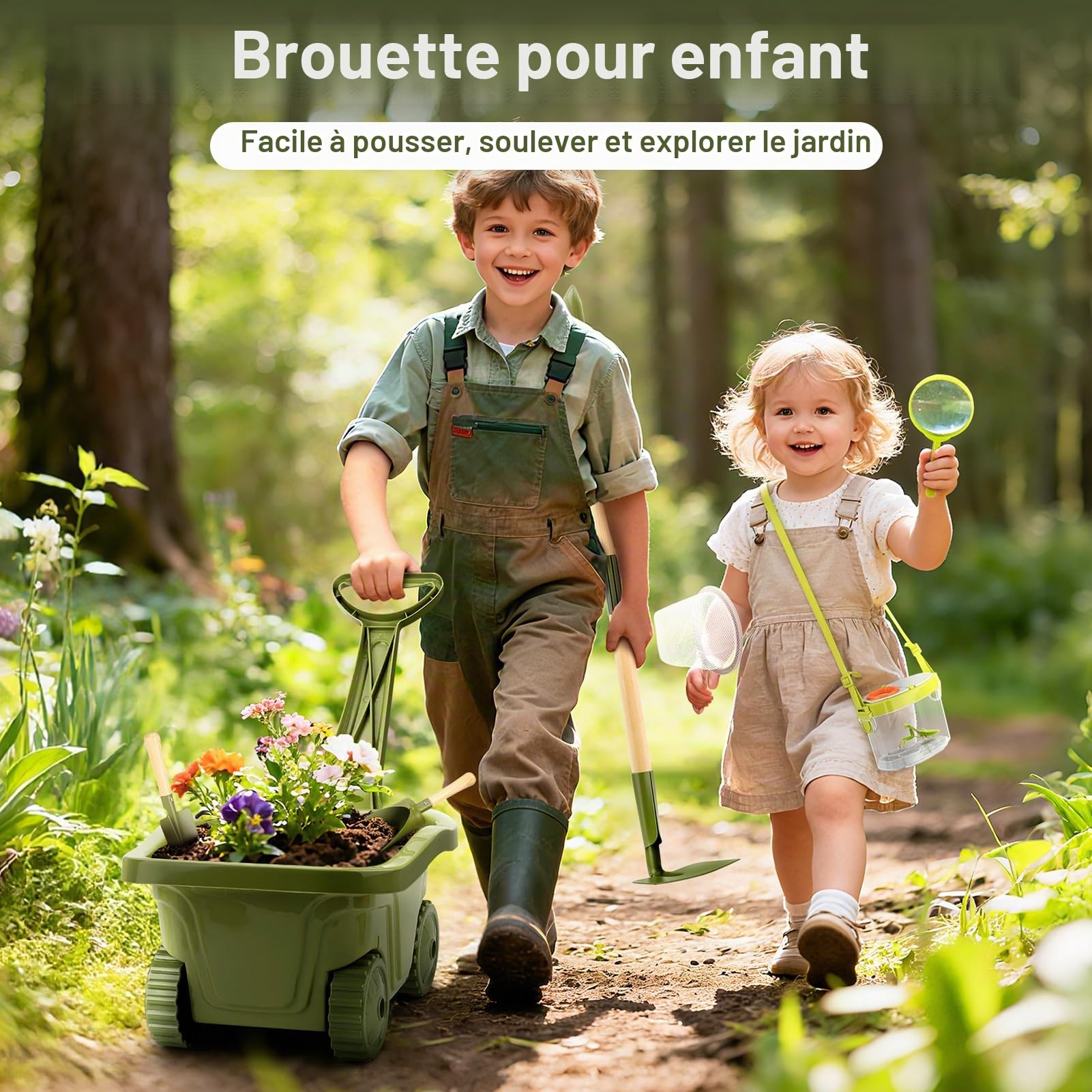 Brouette Enfant – 17PCS Kit Jardinage Enfant avec Outils Longs et Court,Boîte d’Observation Insectes, Loupe, Filet à Papillons & Accessoires – Ensemble Jardinage + Exploration Nature pour Enfants 3+