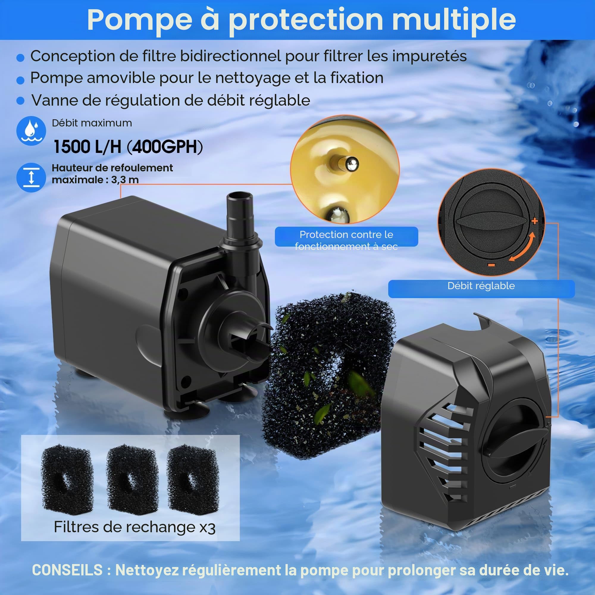 Biling Fontaine solaire 35 W pour extérieur avec 4 buses, 1200 l/h - Fontaine solaire pour extérieur - Grands étangs de jardin (5-15 ㎡) - Contrôle du débit - Pompe de bassin silencieuse - Pompe
