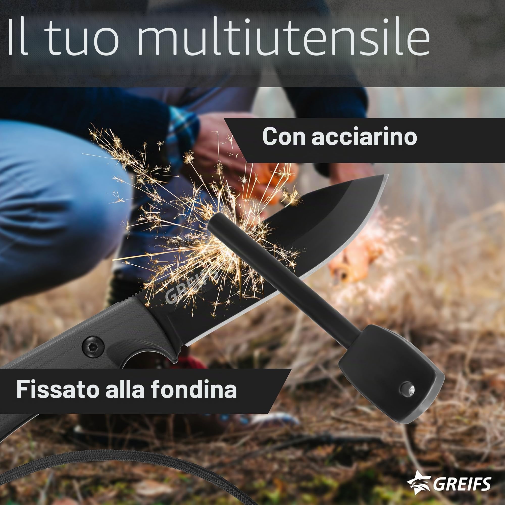 GREIFS® Coltello da esterno in acciaio D2 con fondina Kydex e acciarino, elegante coltello di sopravvivenza per attrezzature Bushcraft, coltello da caccia, coltello da intaglio (Milan/nero)