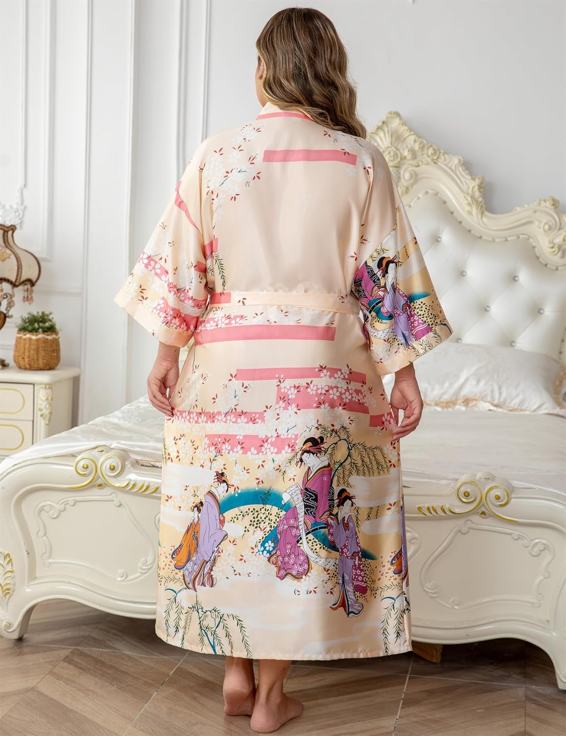 Women's Floral Long Satin Robes Plus Size Long Silk Robes Peacock Floral Kimonos Sleepwear Dressing Gown - Image 7