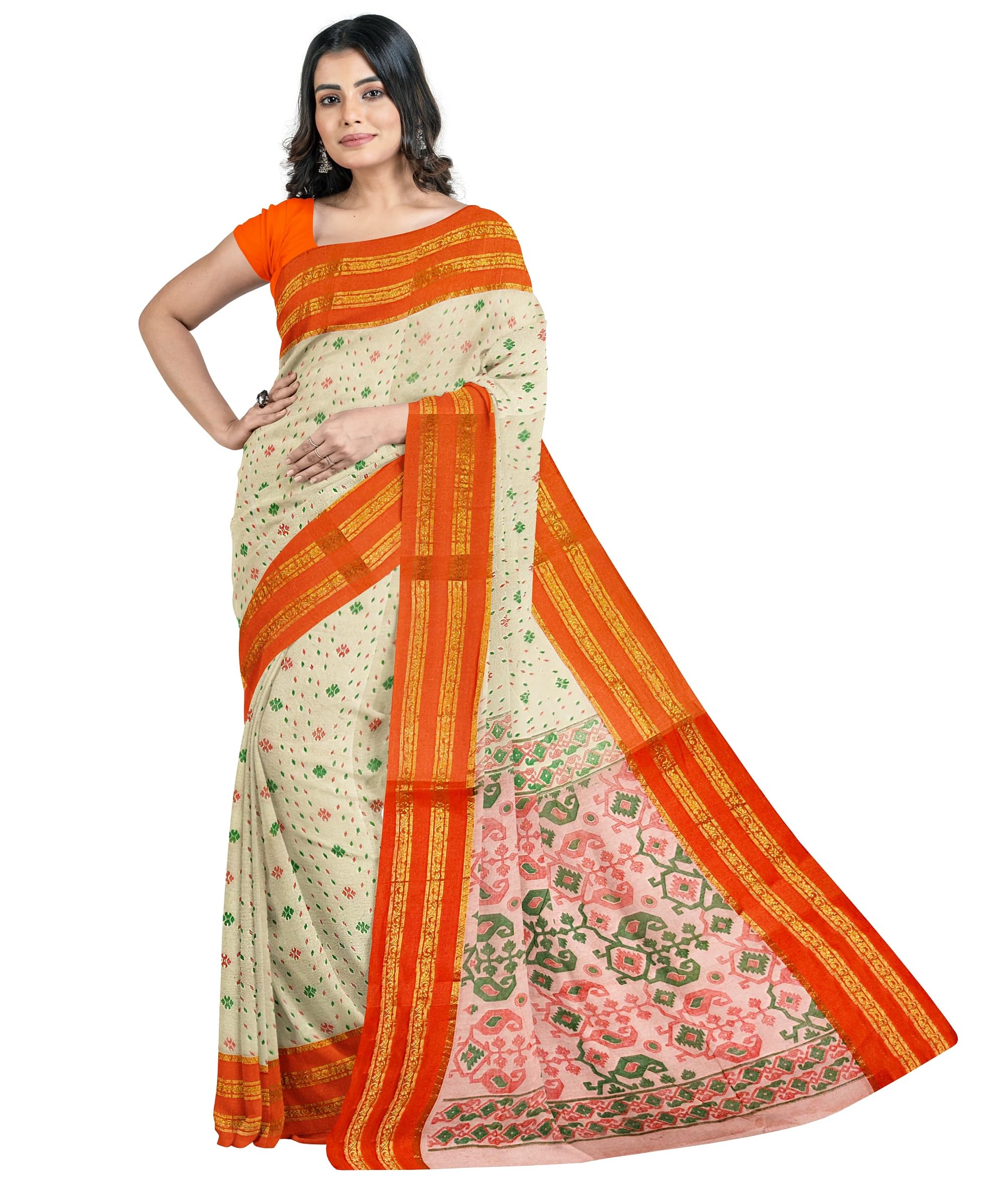 eC ESHA'S COLLECTION Women's Pure Cotton Jamdani Printed Handloom Tant Saree Without Blouse Piece