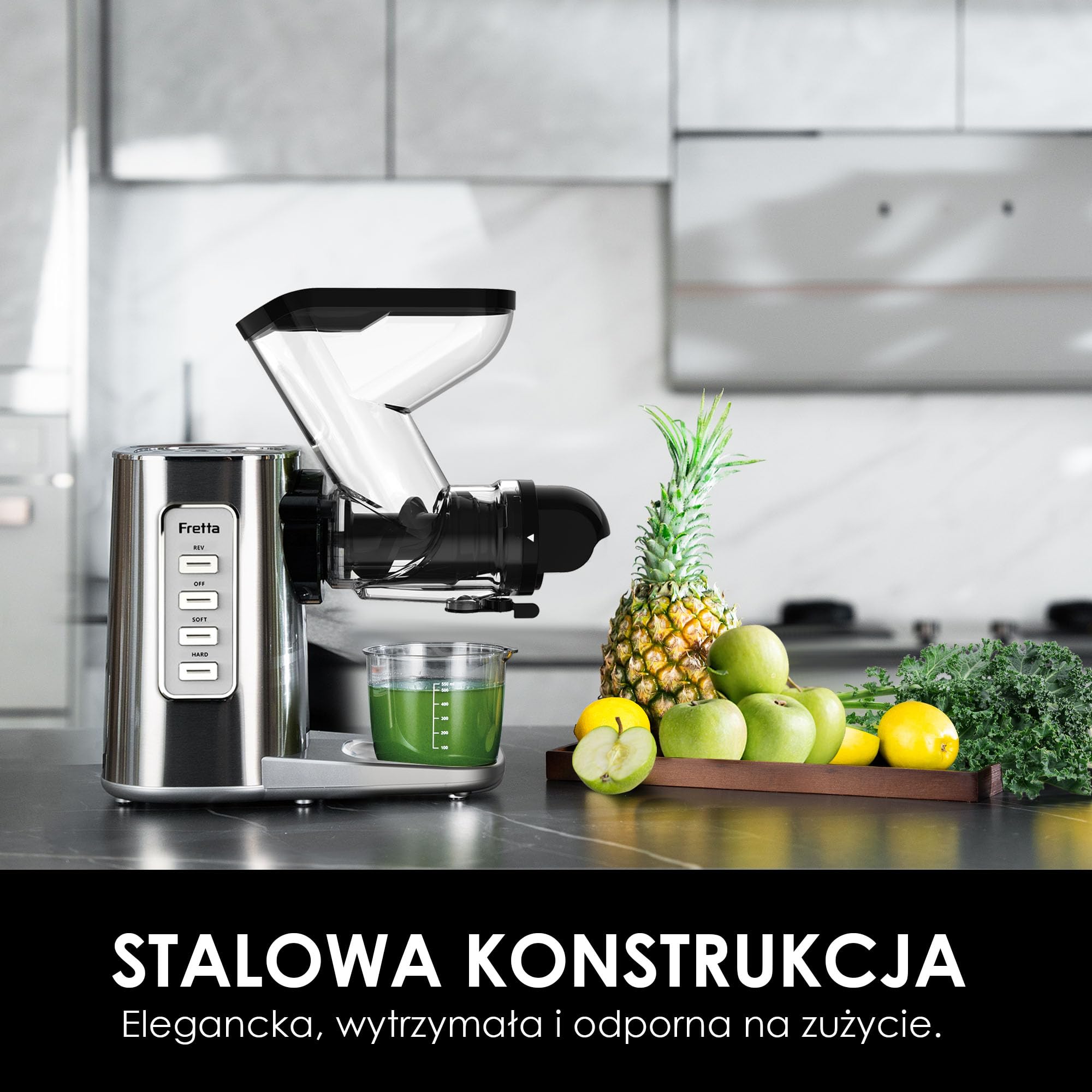 Fretta Wyciskarka Wolnoobrotowa Cold Press - Stal Nierdzewna, Bez BPA, Szeroki Otwór 76mm (brak krojenia), Łatwe Czyszczenie, Moc 200W, Wysoki Wydajność Soku - Do Owoców, Warzyw, Trawy Pszenicznej