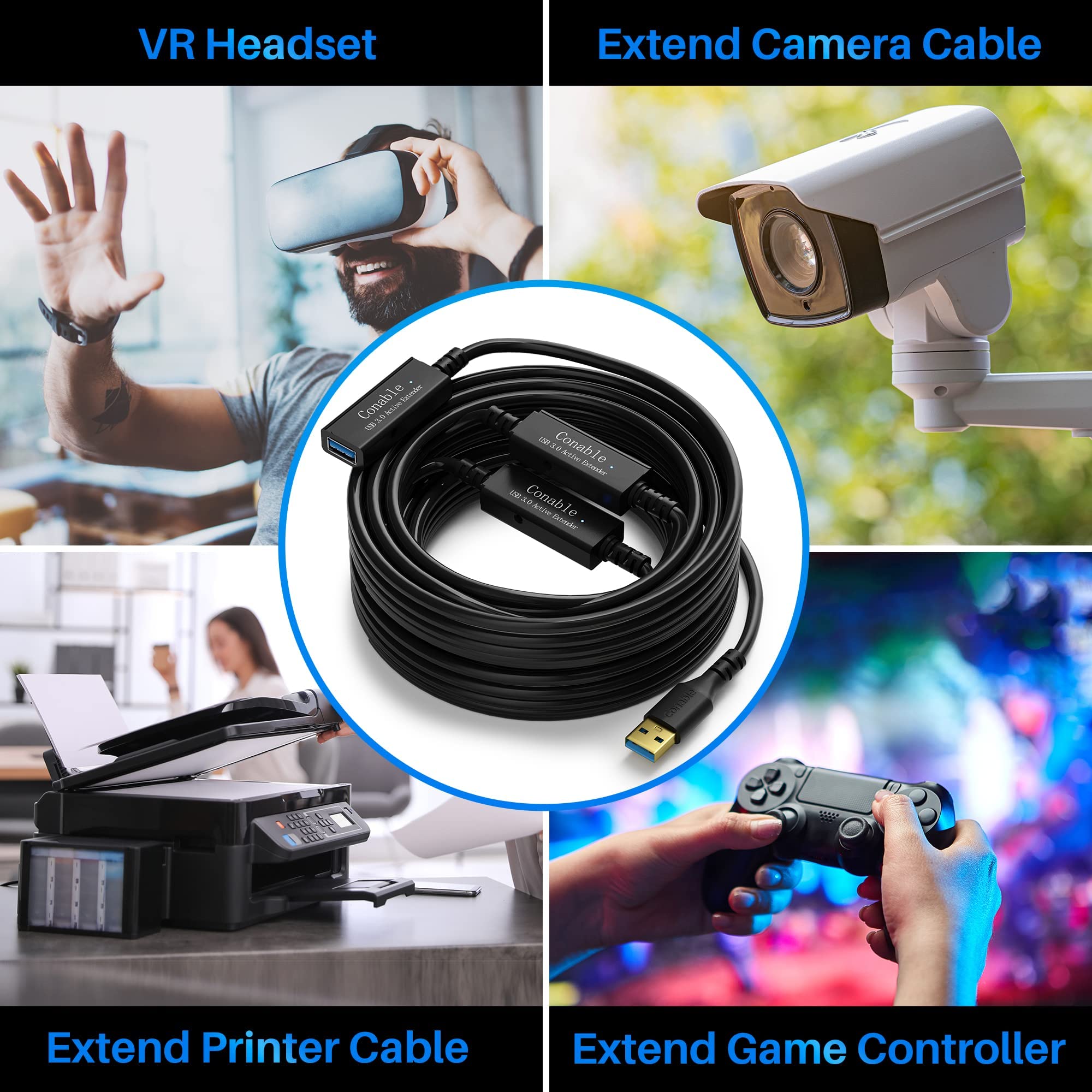 Cable de extensión activo USB 3.0 de 75 pies, cable extensor USB tipo A macho a hembra, 3 chips inteligentes de refuerzo de señal integrados, transferencia de 5 Gbps, cable de extensión USB negro con