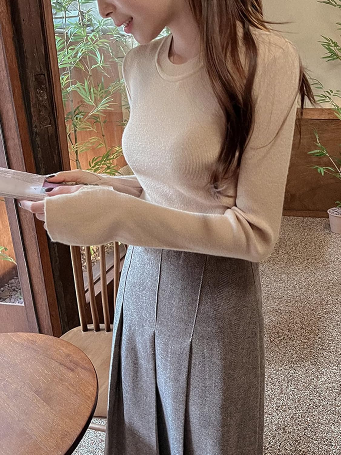 Women's Sweater 1pc Round Neck Ribbed Knit Sweater Sweater for Women (Color : Khaki, Size : Medium)