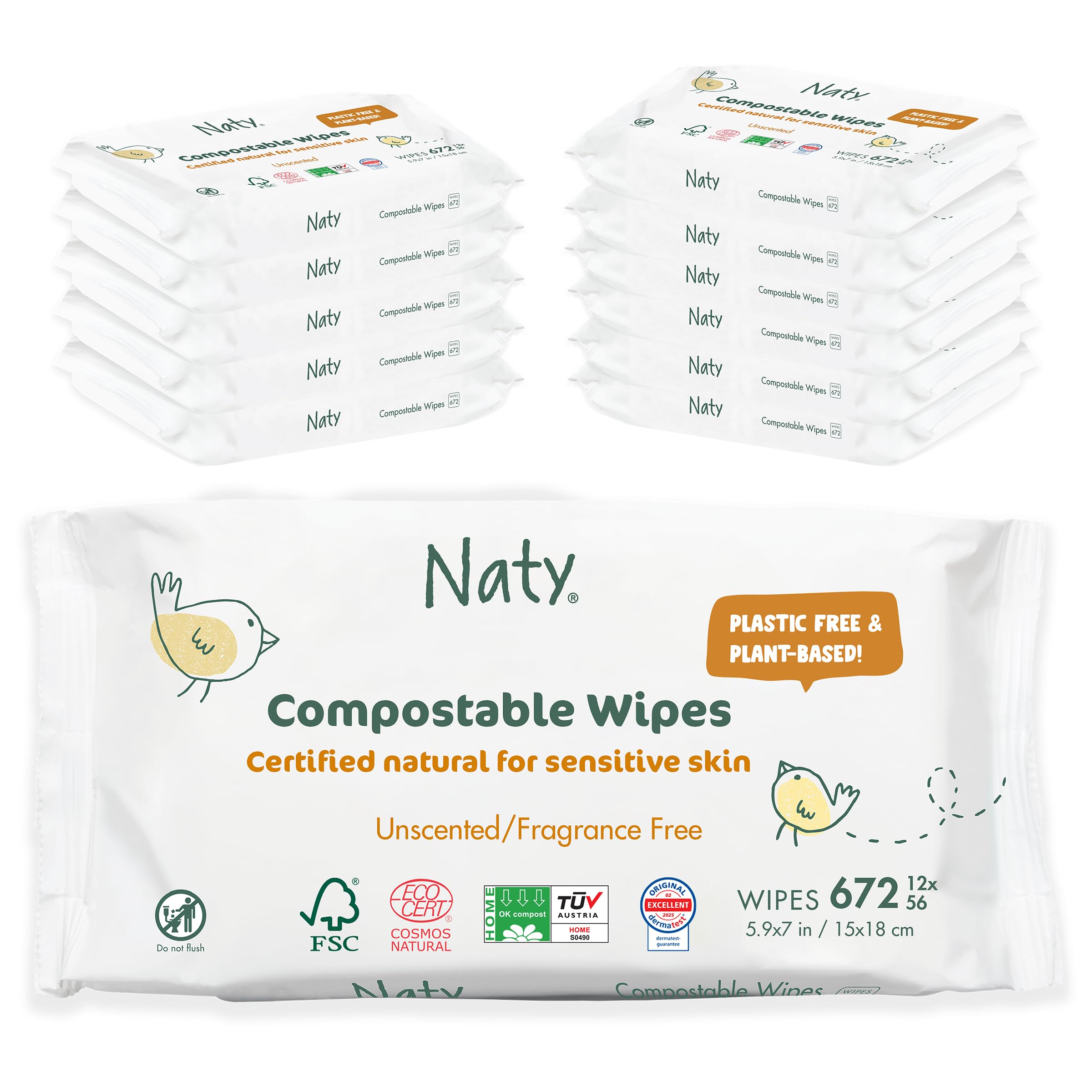 Naty Baby Wet Wipes | Natural & Fragrance-Free, 98% Purified Water for Sensitive Skin | Gentle cleans for Newborns | Plant-Based, Plastic-Free & Certified Compostable Baby Wipes | 672 Count (12 Packs)The Forest Stewardship Council