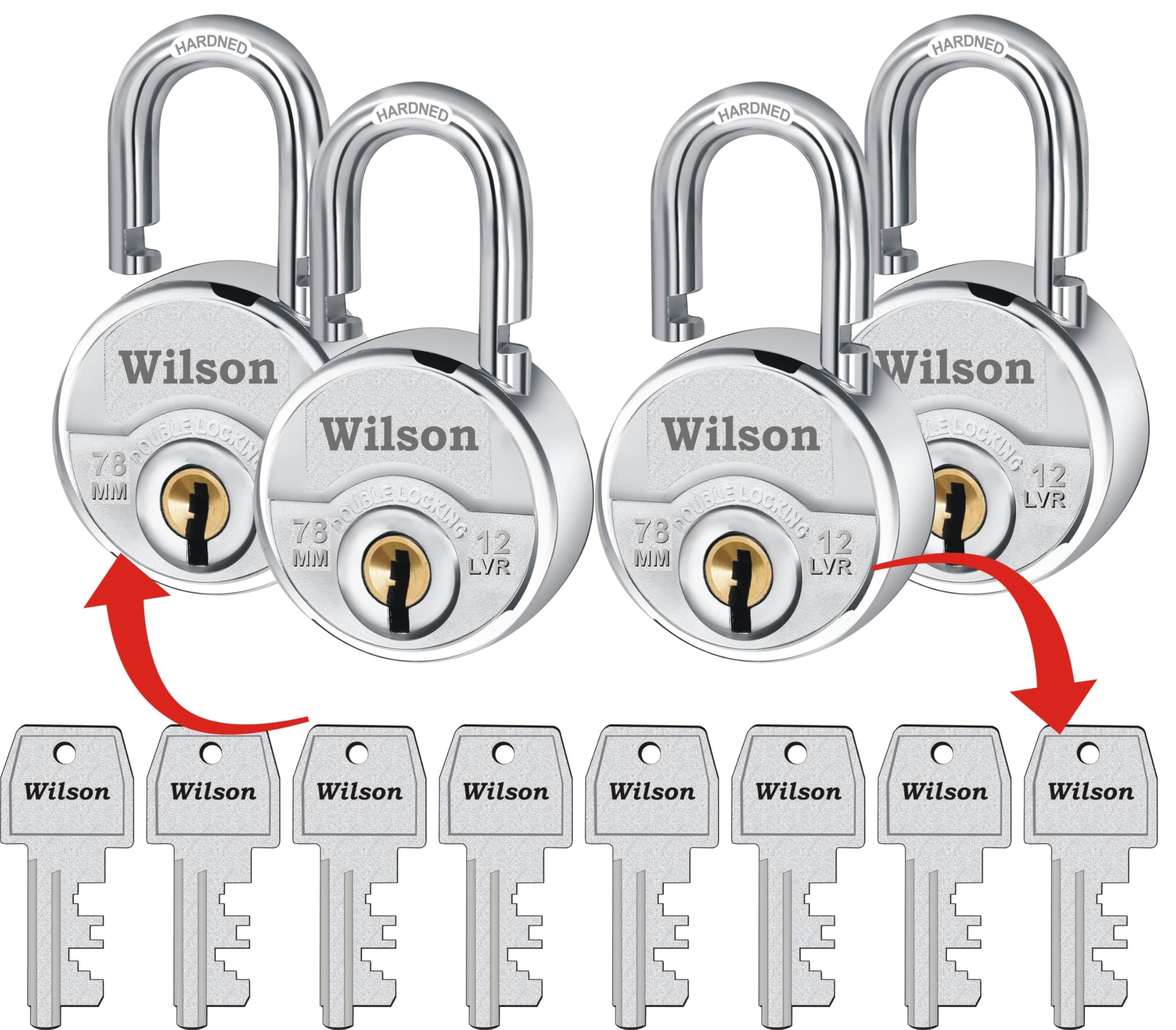 Wilson Big Size 78mm Common Key Lock Pack of 4 with 8 Same Keys 12