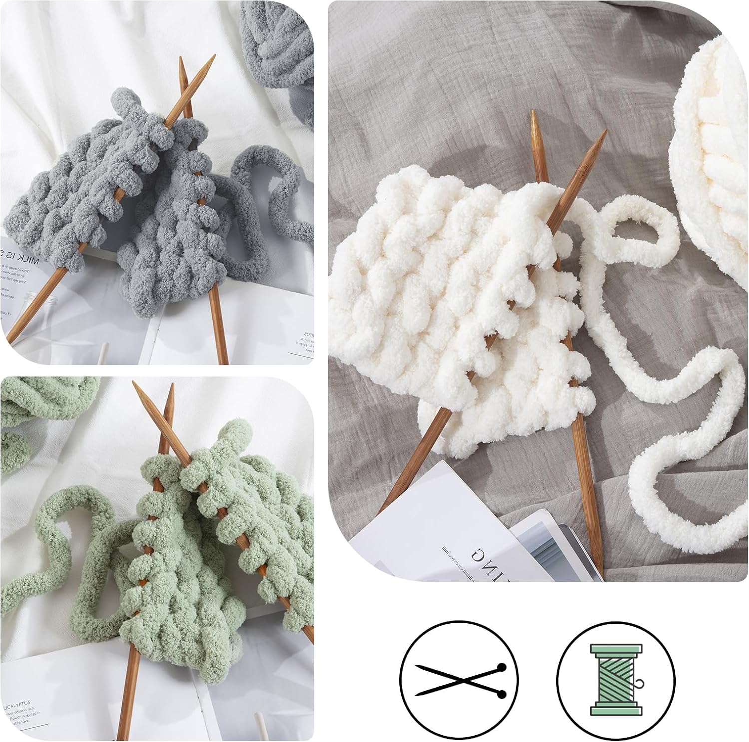 HOMBYS Chunky Chenille Yarn for Crocheting, Super Bulky Jumbo Yarn for Hand Knitting, 3/4" Thick Soft Plush Yarn for Blankets, 12 Skein Pack (27 yds / 8 oz Each), Multi Assorted Cream Grey Sage