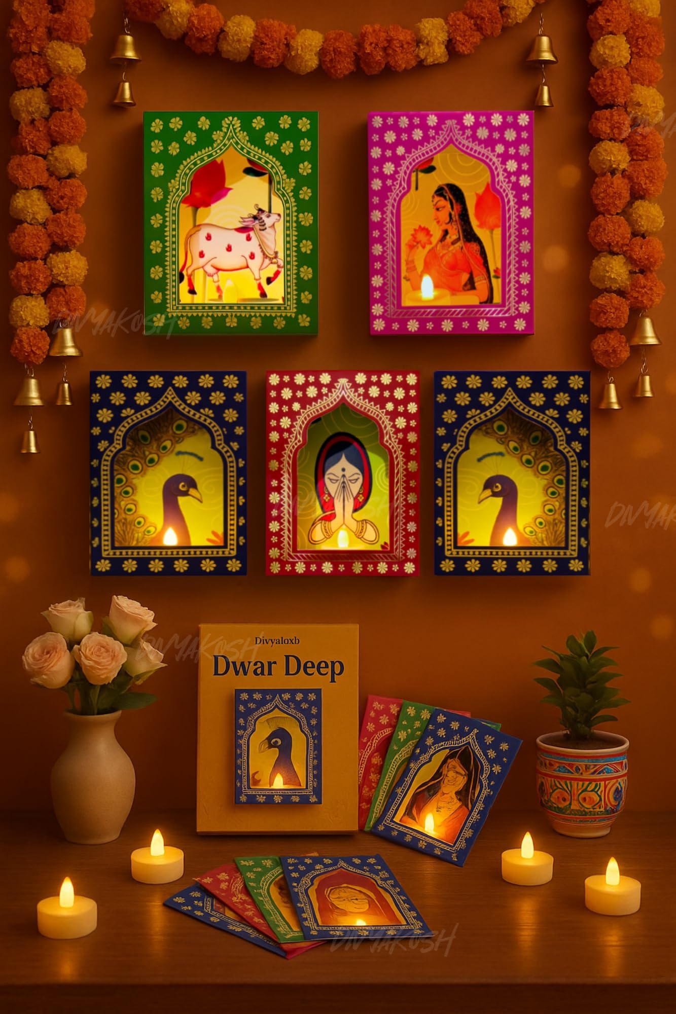 Divyakosh Deep Dwar (Pack of 5) with LED Candles, Jharokha Style Wall & Home Decor for Diwali Decoration, Festive Decor, Wall Décor |