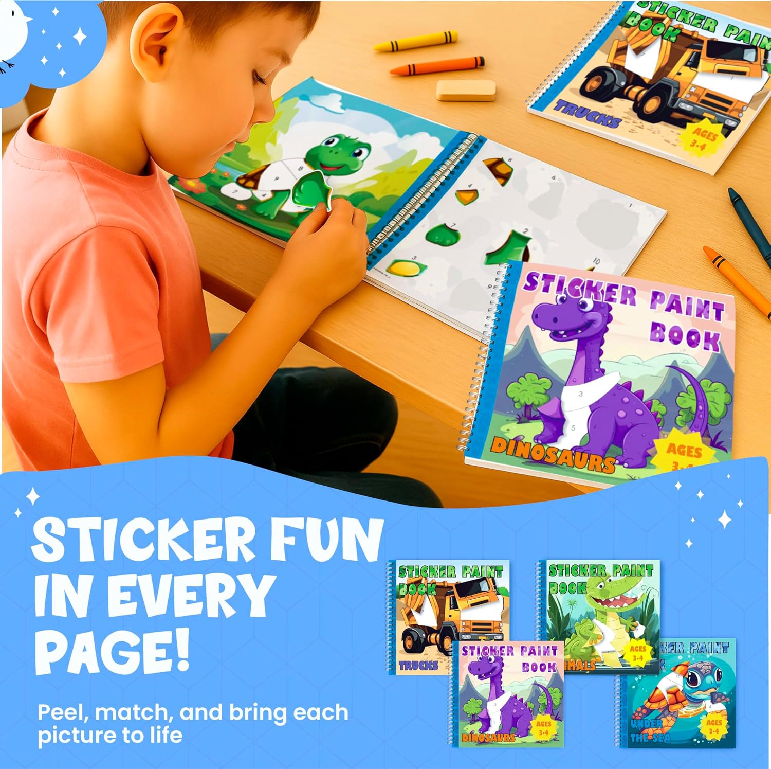 BulbaCraft 4Pcs Sticker Paint Books - Sticker Books by Number with Dinosaurs, Trucks, Animals and Under The Sea - Coloring Activity - Image 3