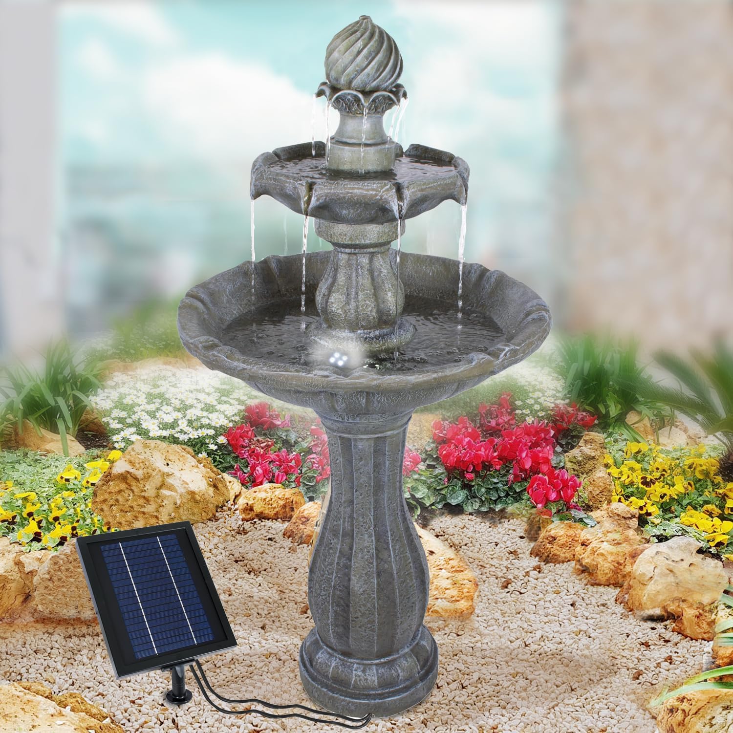 Fuente de jardín Fuente Solar Jardín clásico con batería de Iones de Litio y luz LED Fuente Baño de pájaros Cascada