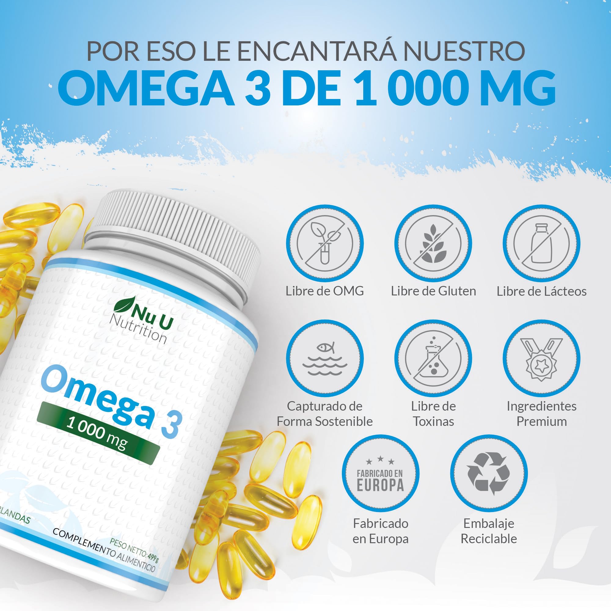 Omega 3 1000mg TG | Forma de triglicéridos - 365 Cápsulas Blandas - Omega-3 Ácidos Grasos 540mg EPA y 340mg DHA por Dosis Diaria - Aceite de Pescado Omega3 - Fabricado en Europa - Nu U Nutrition