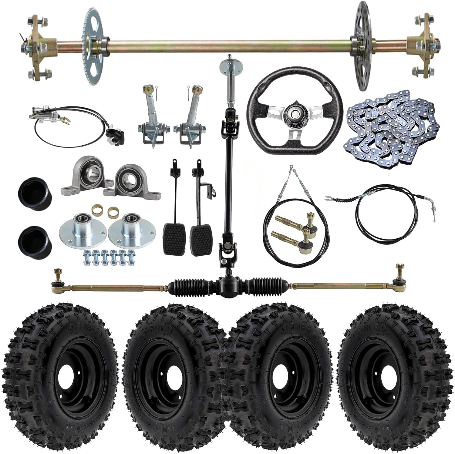 29" Go Kart Rear Live Axle Kit & 6" 4.10-6 Wheels & Front Steering Shaft Assembly & T8F Chain 58T Sprocket & Throttle Cable and More Parts for ATV Quad Buggy 4 Wheelers Drift Trike
