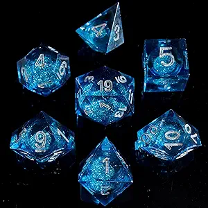 Fugacity DND Dice Set, Liquid Core Handmade Sharp Edge 7 Piece Resin Dice-Dungeons and Dragons Polyhedral Dice Set, D&D Dice Set with Gift Dice Case for RPG MTG Table Games(Blue Sand & Silver)