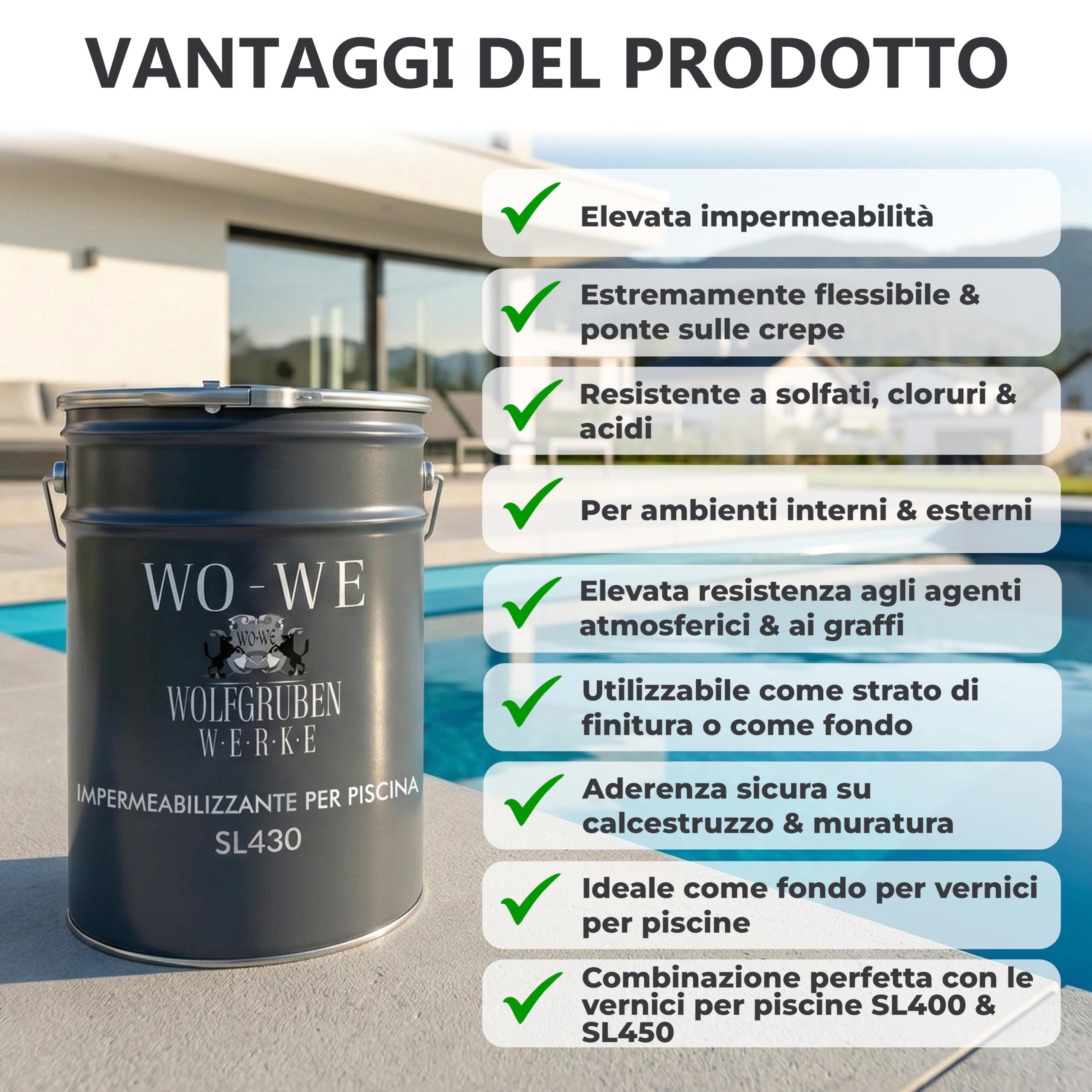 WO-WE Sigillante per piscine 2K Impermeabilizzante Bicomponente per cemento Grigio SL430-10kg