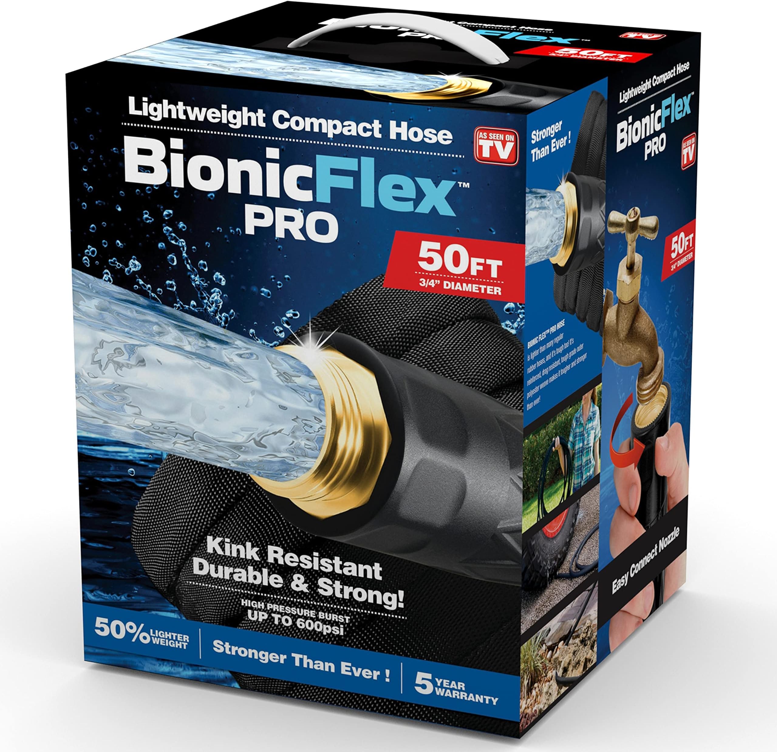 PRO 50’ Garden Hose, Heavy Duty & Lightweight Weatherproof Garden Water Hose with Brass Fittings & Adjustable Brass Spraying & Shooting Nozzle, 500 PSI Tear Resistant, Kink Free Hose
