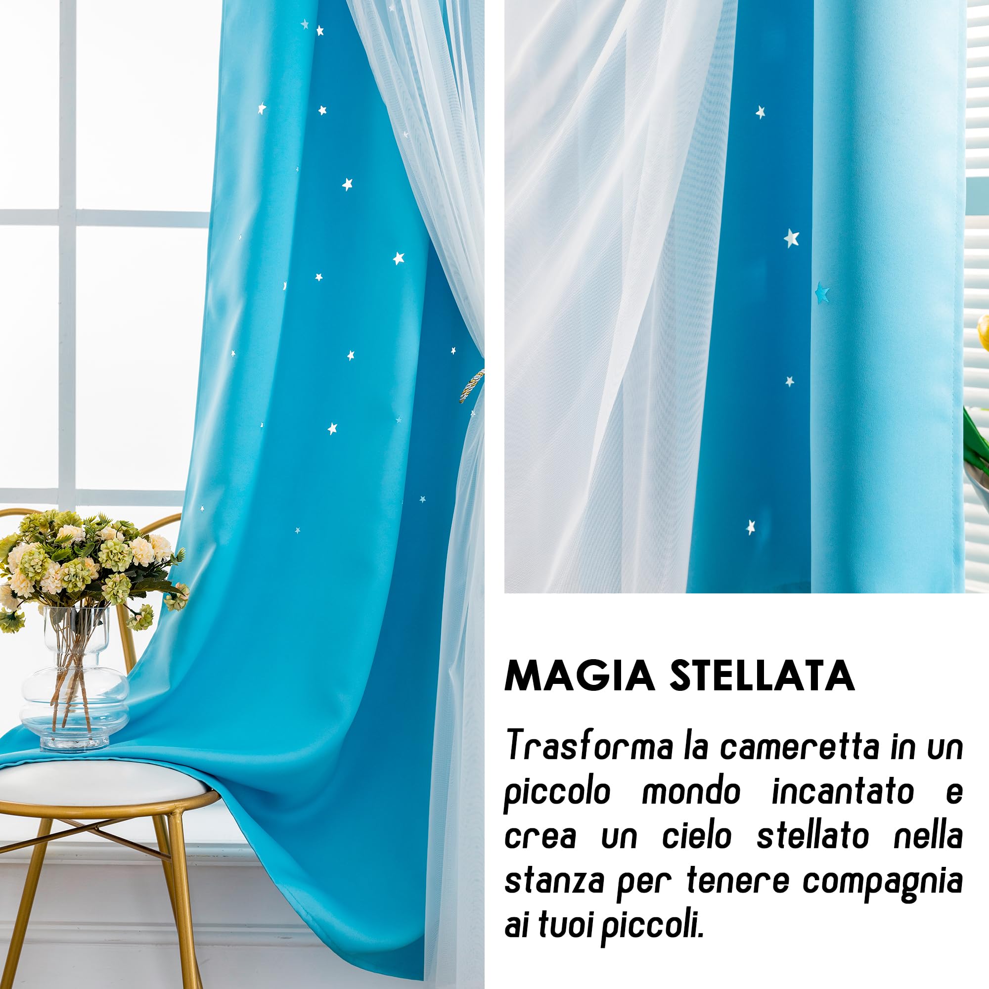 GIRASOLE HOME® Paire de rideaux à double voile occultants doux fantaisie étoiles vides, rideau isolant, pour chambre et chambre d'enfant, 2 panneaux avec œillets (140 x 145 cm, bleu ciel)