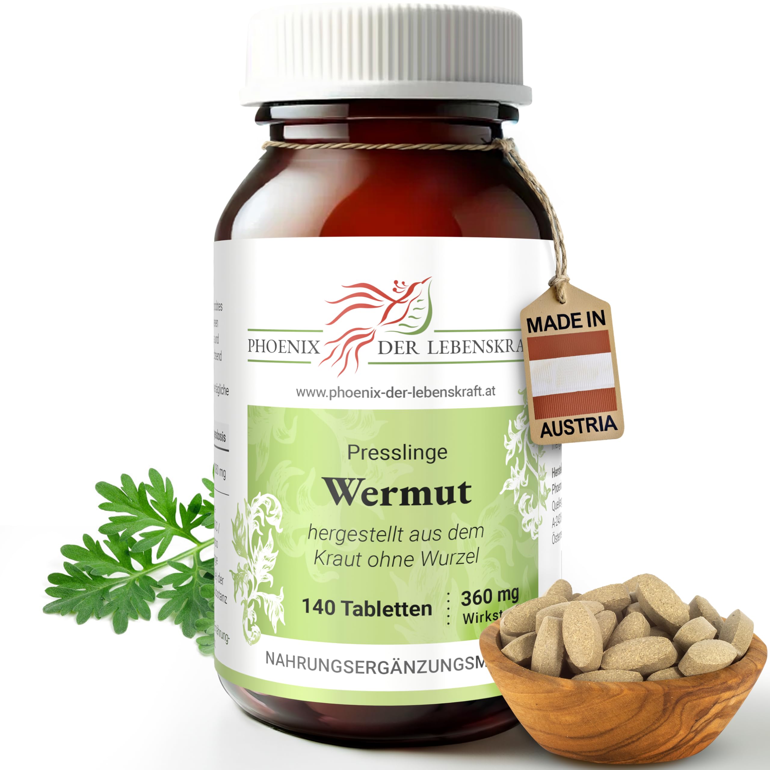 Wermut Tabletten à 360 mg Wirkstoff (Artemisia absinthium, bitterer Beifuß), 140 Tabletten, Premium Qualität, Hergestellt in Österreich, Tabletten statt Kapseln, Vegan