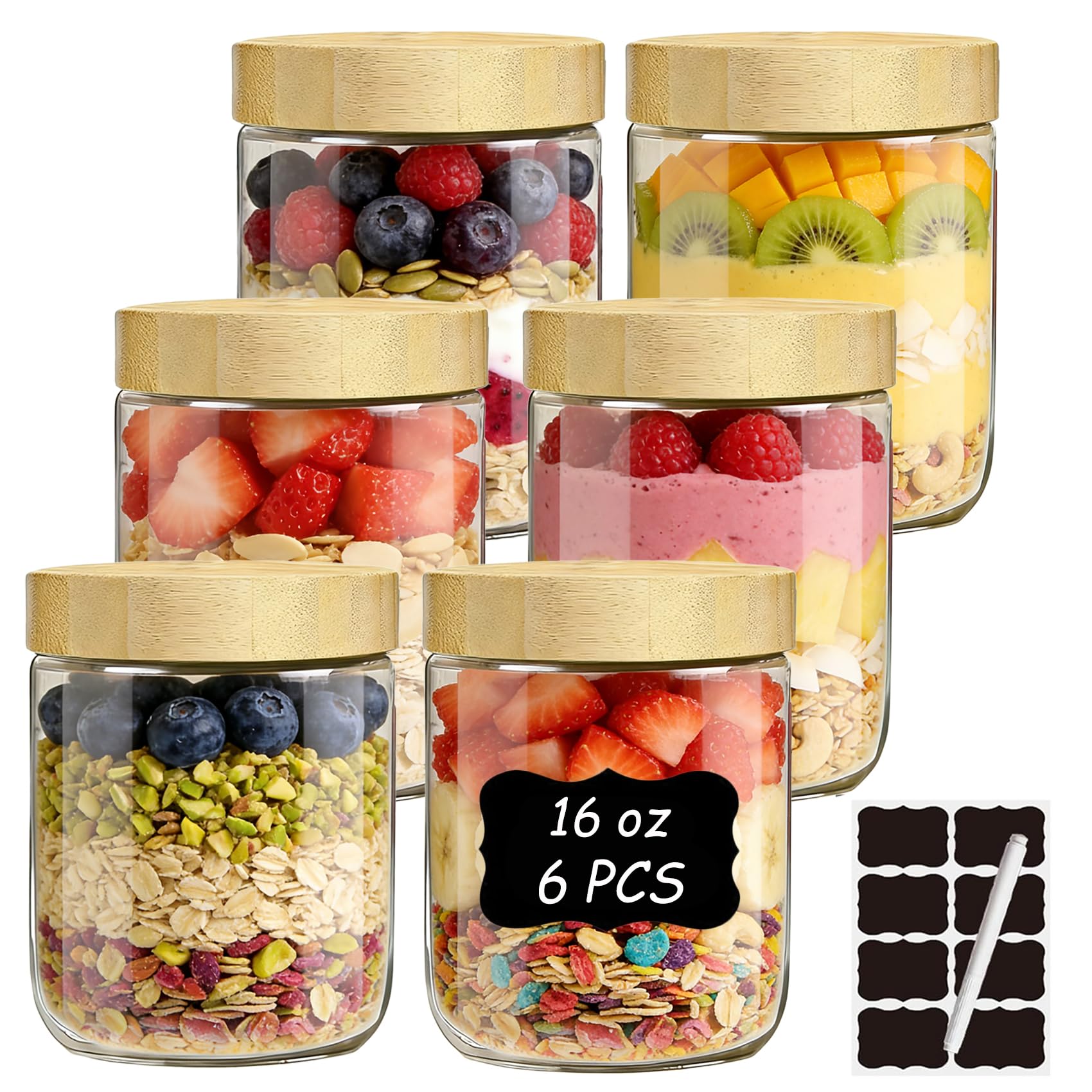 twoant 6pcs Overnight Oats jar,16oz Wide Mouth Mason glass Jar with bamboo Screw Lid,Clear Storage Containers for Meal Prep Fruit Yogurt Oatmeal Snacks Spice Sugar