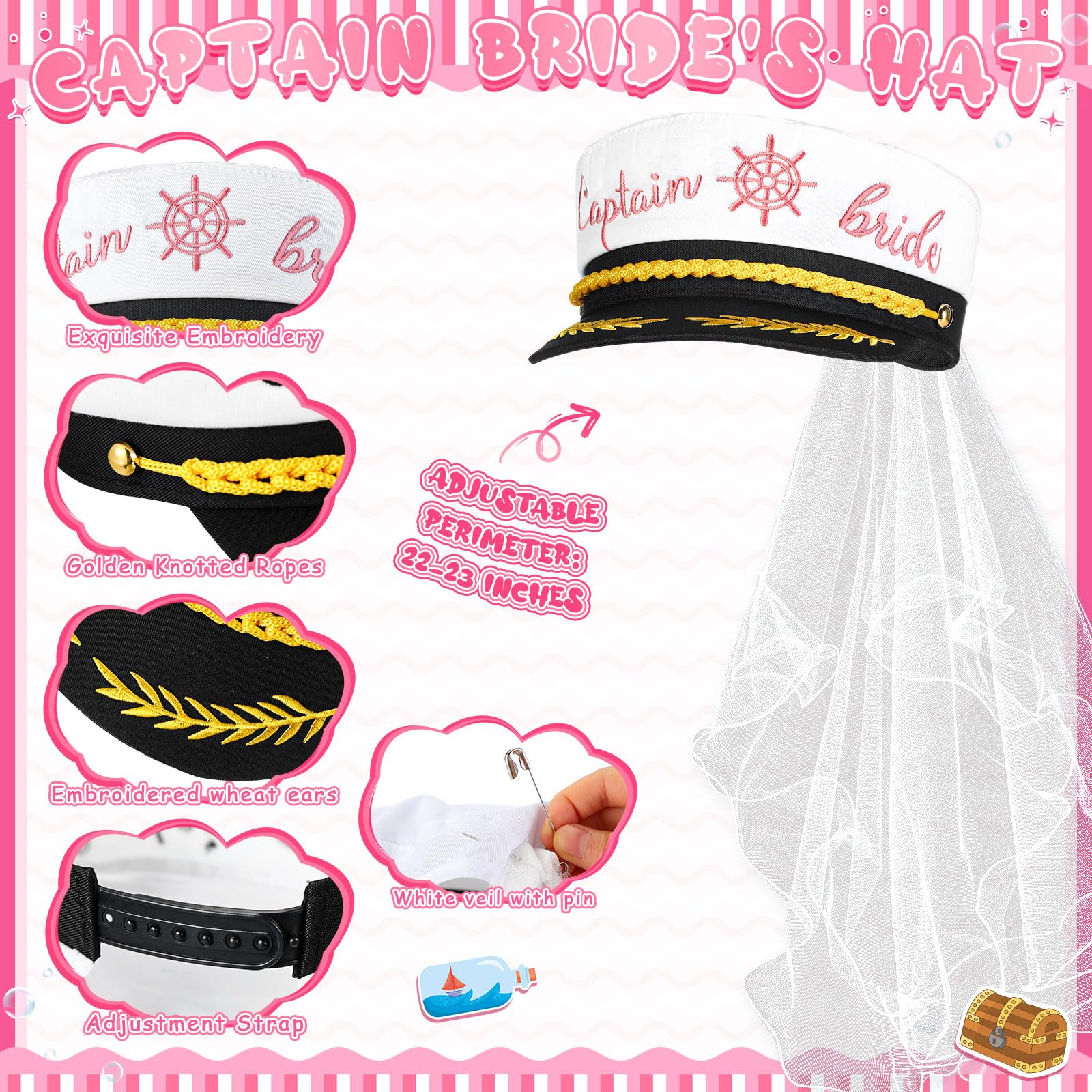 JaGely 4 accesorios de despedida de soltera para novia, sombrero de capitán con velo, gafas de sol para despedida de soltera, boda