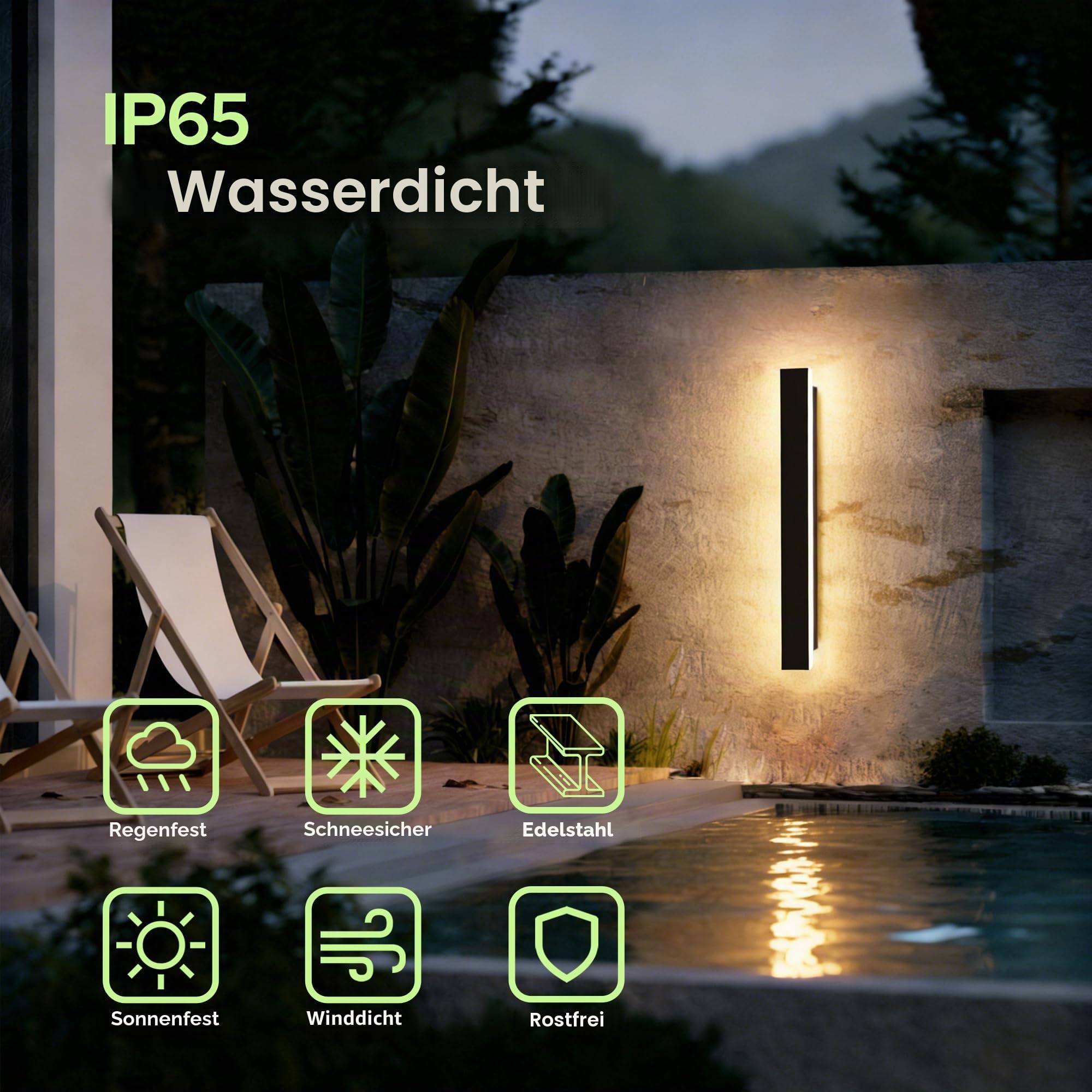 auralab 60cm Lange Wandleuchte Außen, IP65 Wasserdicht Edelstahl LED aussenleuchte, 3000K Moderne LED Außenwandleuchte für Pool, Wohnzimmer und Eingang, Schwarz