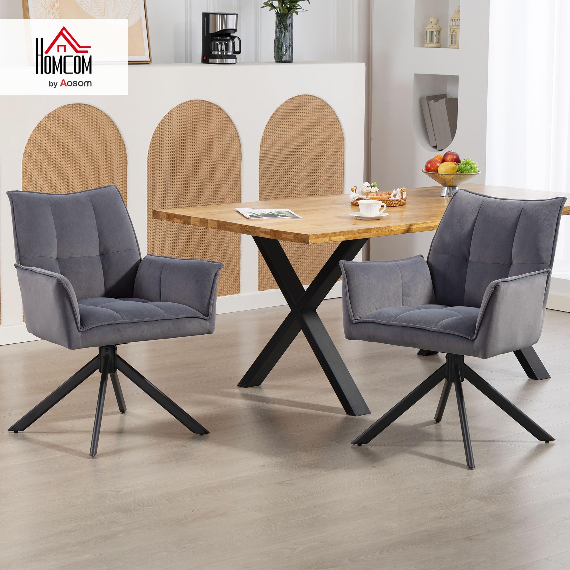 HOMCOM Juego de 2 Sillas de Comedor Giratorias 360° con Reposabrazos Gris | Sillas de Cocina, Respaldo Acolchado, Tapizado en Terciopelo, Patas de Acero, para Oficina, Conferencia, Sala de Estar