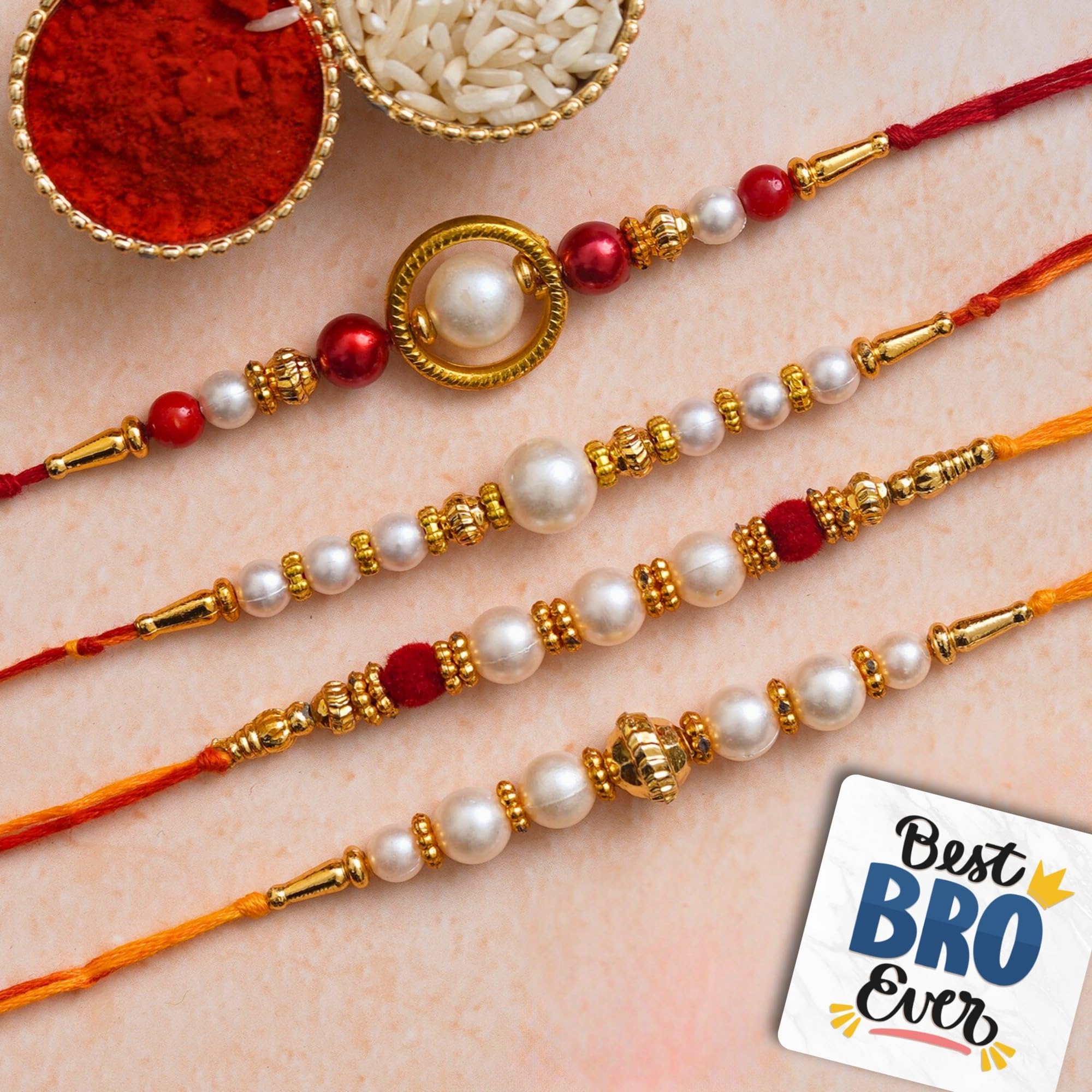 eCraftIndia Set of 4 Red, Golden White Pearls Rakhis Best Bro Ever Fridge Magnet with Roli Chawal Pack - Rakhi for Brother, Bhaiya, Bhai-image-34