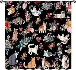 Cortinas de gato fofas engraçadas com estampa floral de gatinho para meninas, crianças, adolescentes, amantes de gatos, quarto, sala de estar, conjunto de tecido, 2 painéis, 106 x 113 cm, taxa de