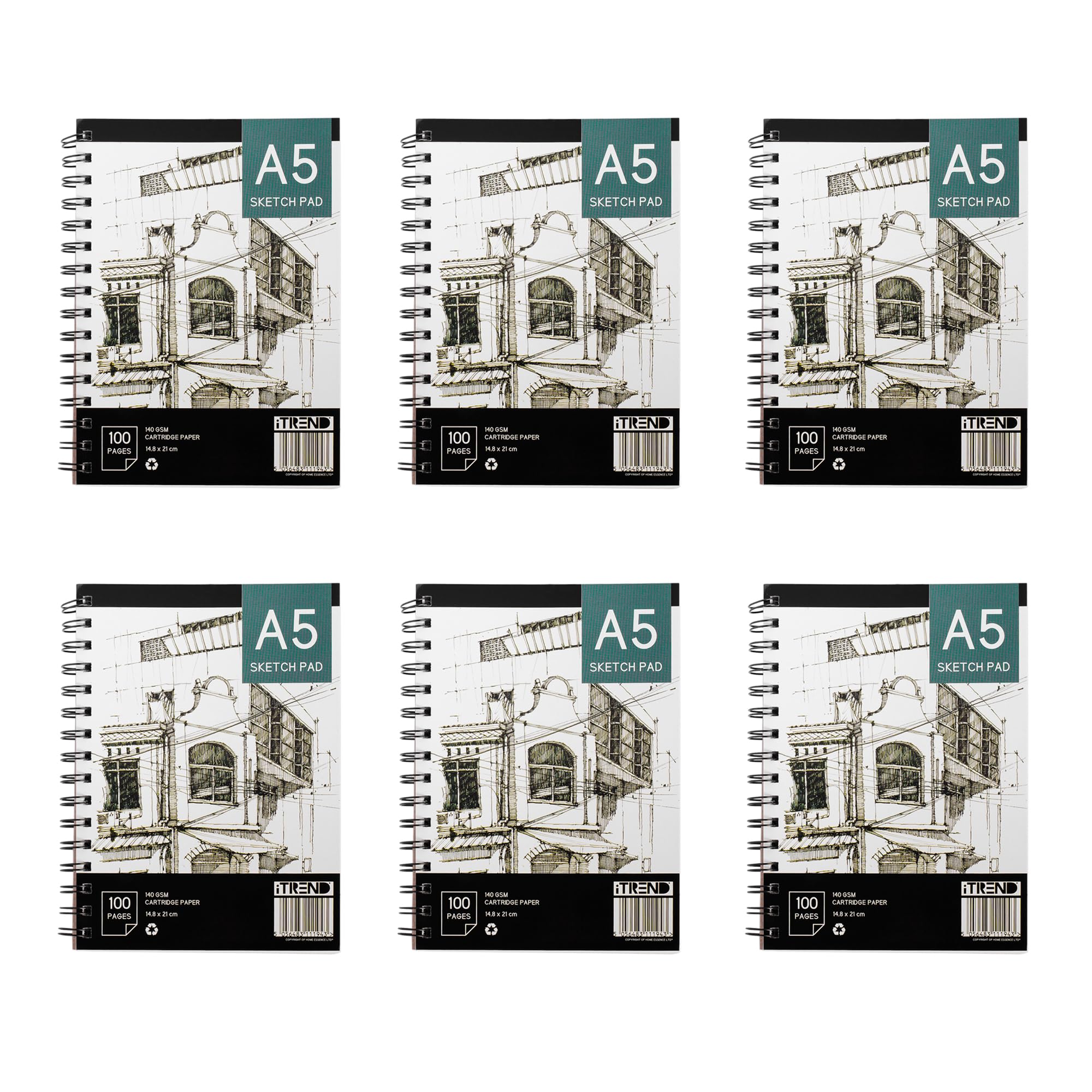 Itrend White A5 Artist Sketch Book - With Ring Binder - Art Drawing Paper - A5 100 Pages Sketch Pad - 140Gsm Cartridge Paper - 14.8 Cm X 21 Cm - Pack Of 6 - Ideal For Artists, Designers, Students