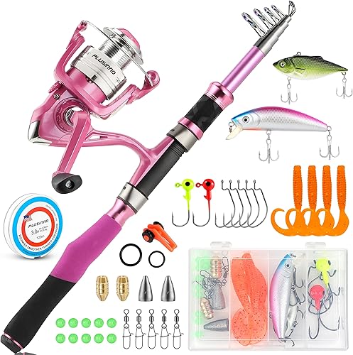 Combos de caña de pescar y carrete, regalos de equipo de pesca para mujeres con carrete giratorio, señuelos, línea, kit de caña telescópica rosa