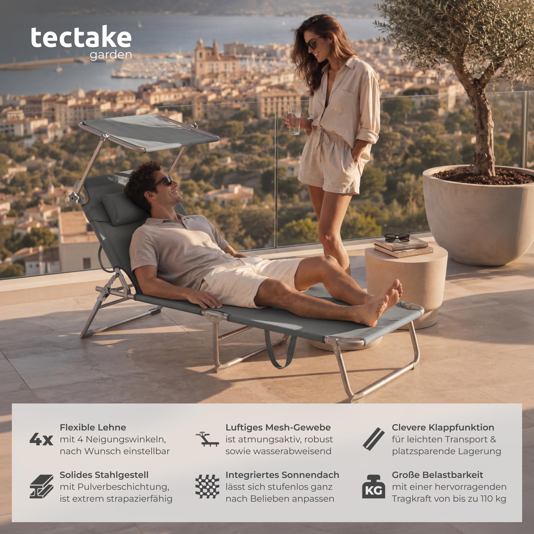 tectake 2er Set Sonnenliege - leicht und klappbar, leichte Liege für Camping und Garten, Perfekter Liegestuhl mit Dach, transportable und zusammenklappbar mit Griff