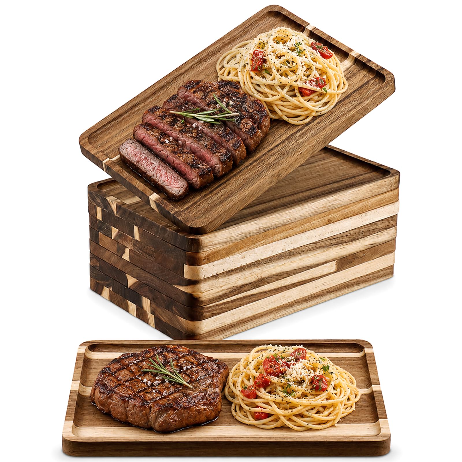 10er Set Frühstücksbrettchen Holz, Akazienholz Vesperbrett Rechteckig, Vielseitiges Servierbrett Käsebrett Snackbrett für Brotzeit, Tapas, Steak (30x20x1,5 cm)